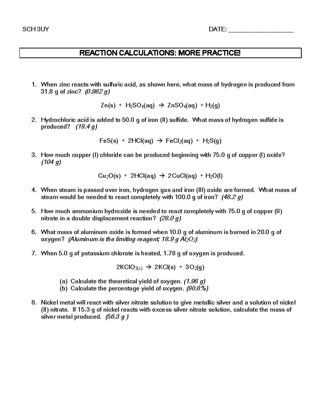 2-Worksheet Reaction Calculations - SCH 3UY DATE ...