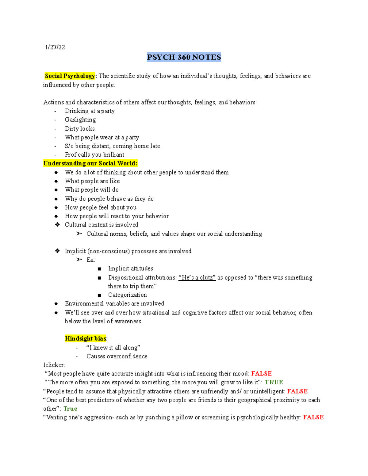 PSYCH360 - Social Psychology Notes - 1/27/ PSYCH 360 NOTES Social ...