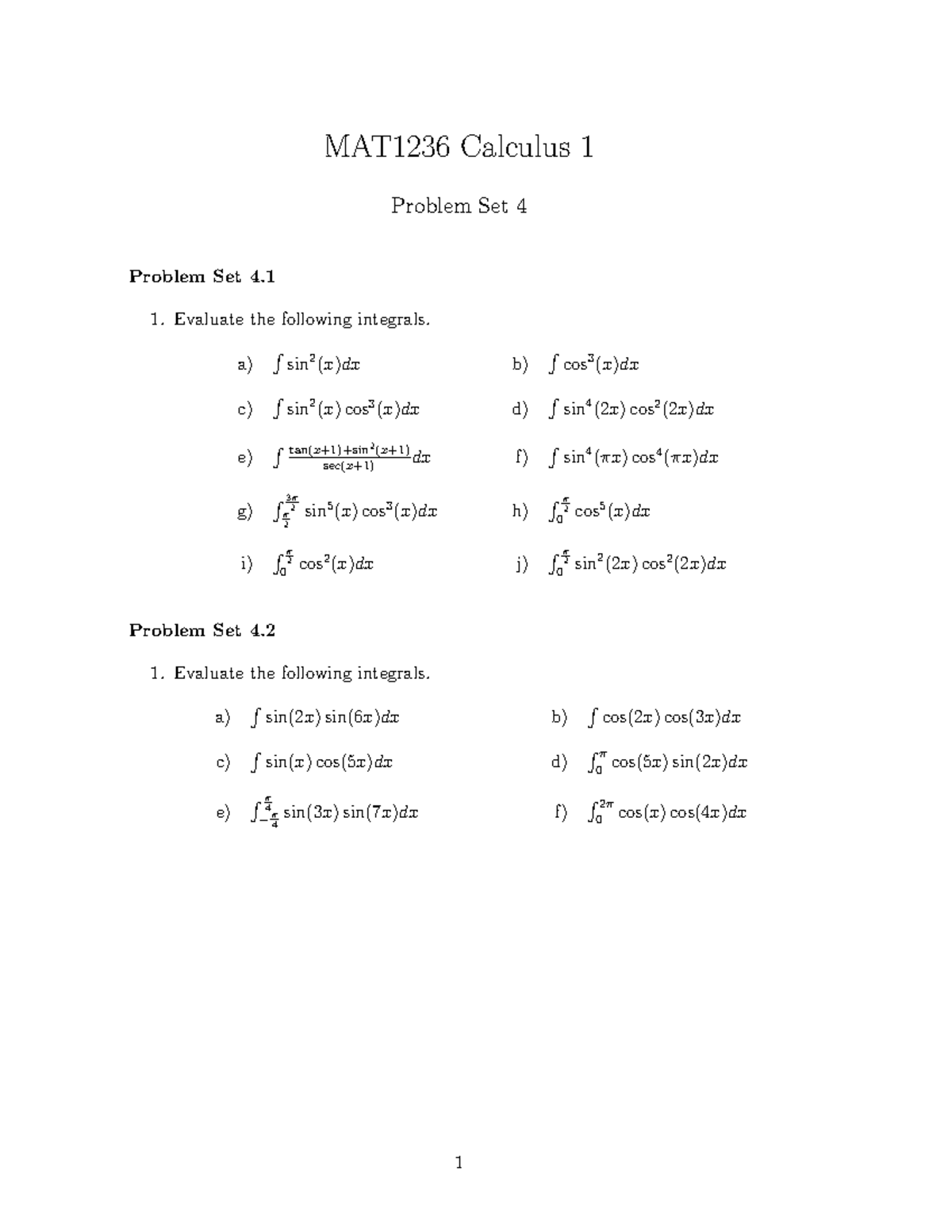 Problem Set 4 - Integration - MAT1236 Calculus 1 Problem Set 4 Problem ...