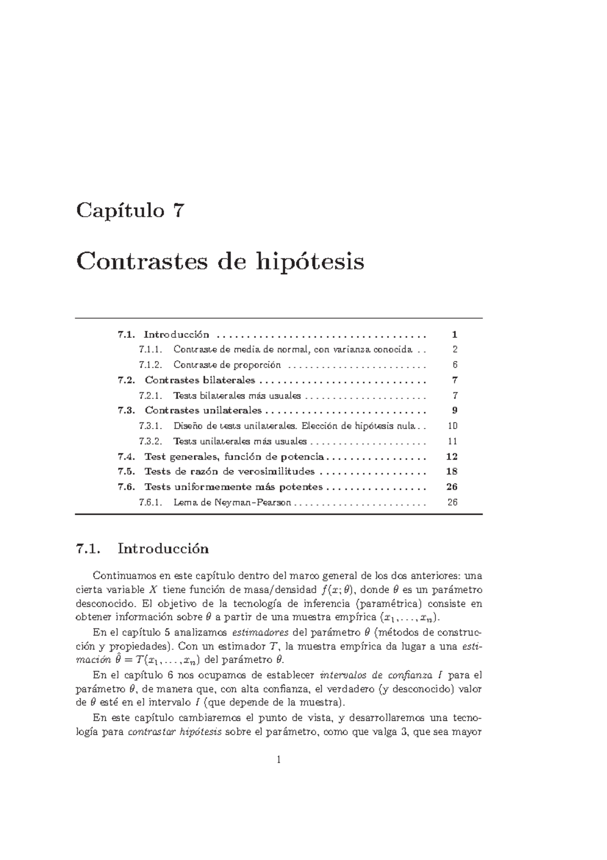 Verosimilitud Contrastes De Hipótesis Cap ́ıtulo 7 Contrastes De