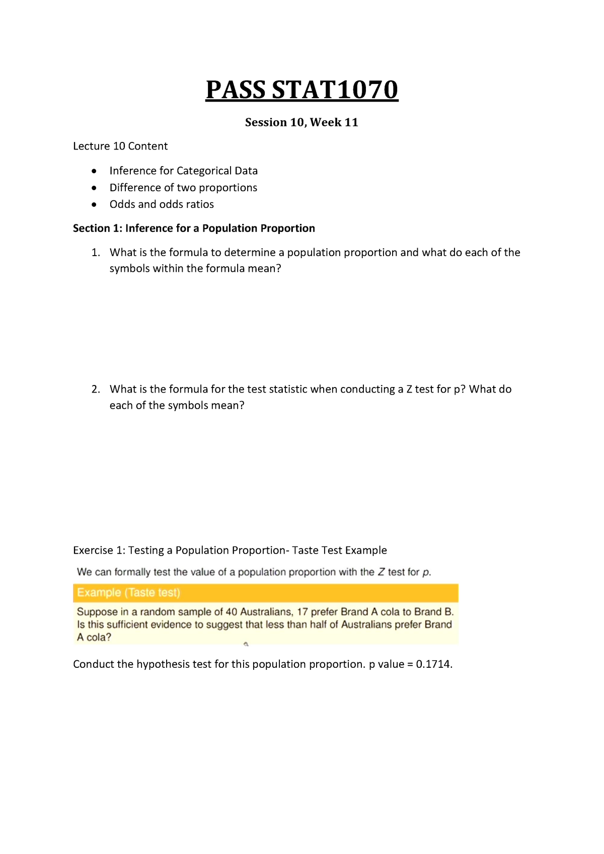 Stat1070 Pass Worksheet 10 Week 11 Studocu