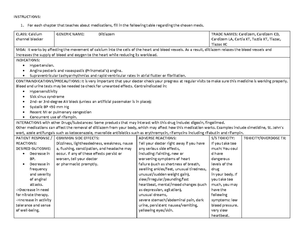 Med card- Diltiazem - INSTRUCTIONS: For each chapter that teaches about ...