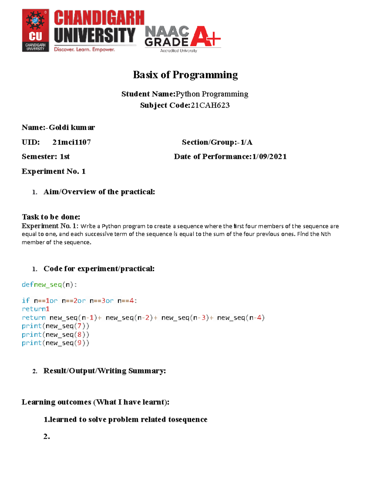 21mci1045 python exp1 - Basix of Programming Student Name:Python ...