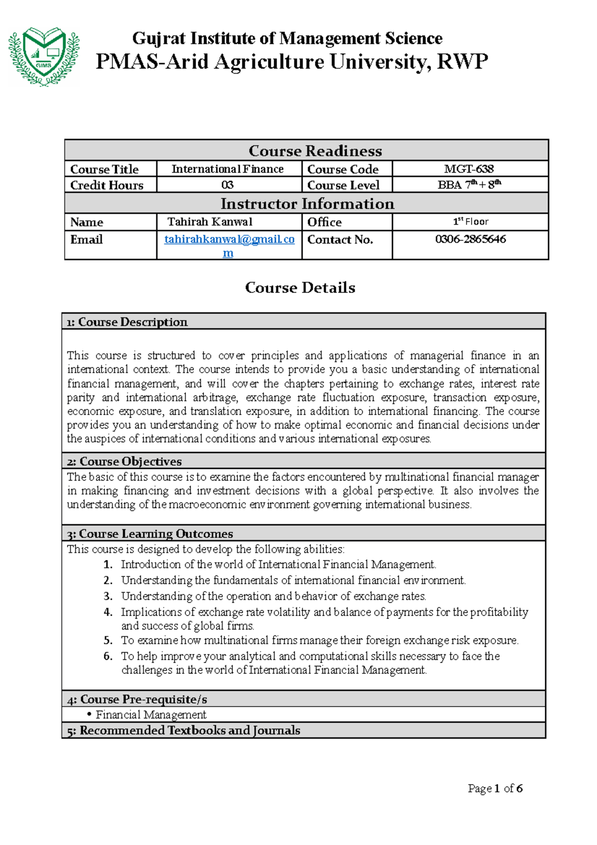 International finance - 0306- Course Details 1: Course Description This ...