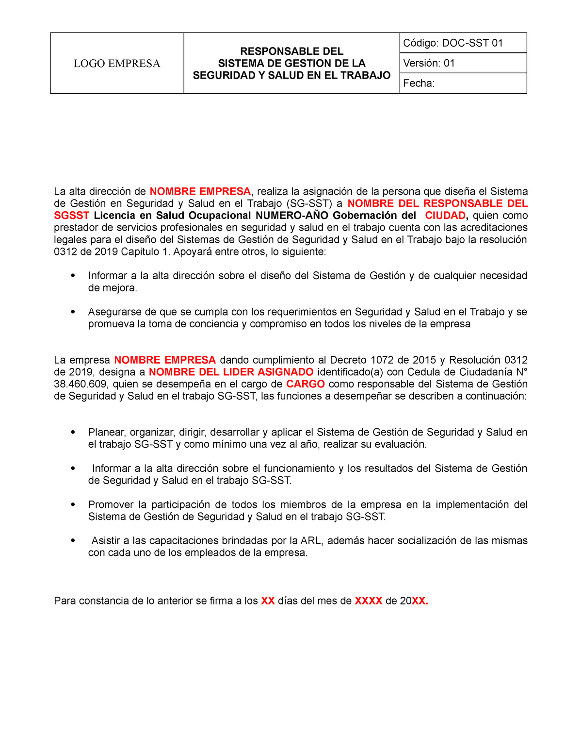 Doc Sst 01 Responsable Del Sg Sst 0312 Logo Empresa Responsable Del