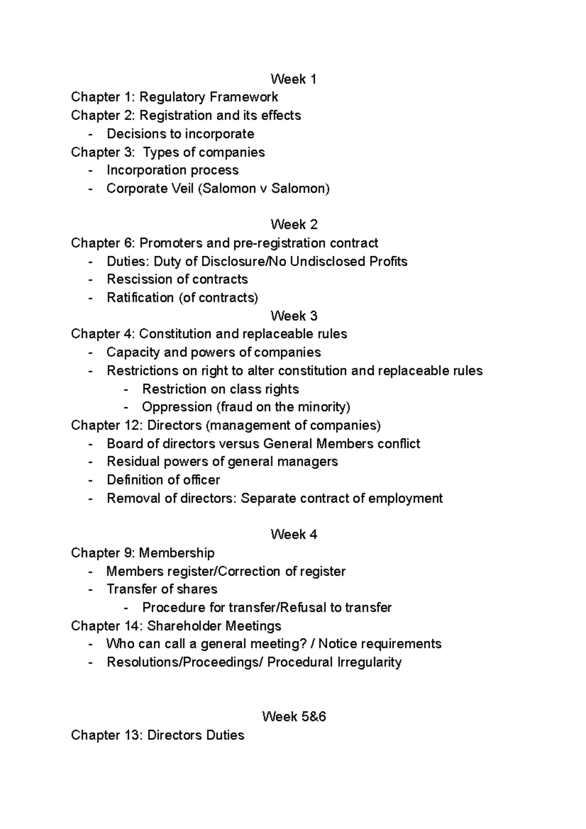 Company Law - Notes - Week 1 Chapter 1: Regulatory Framework Chapter 2 ...