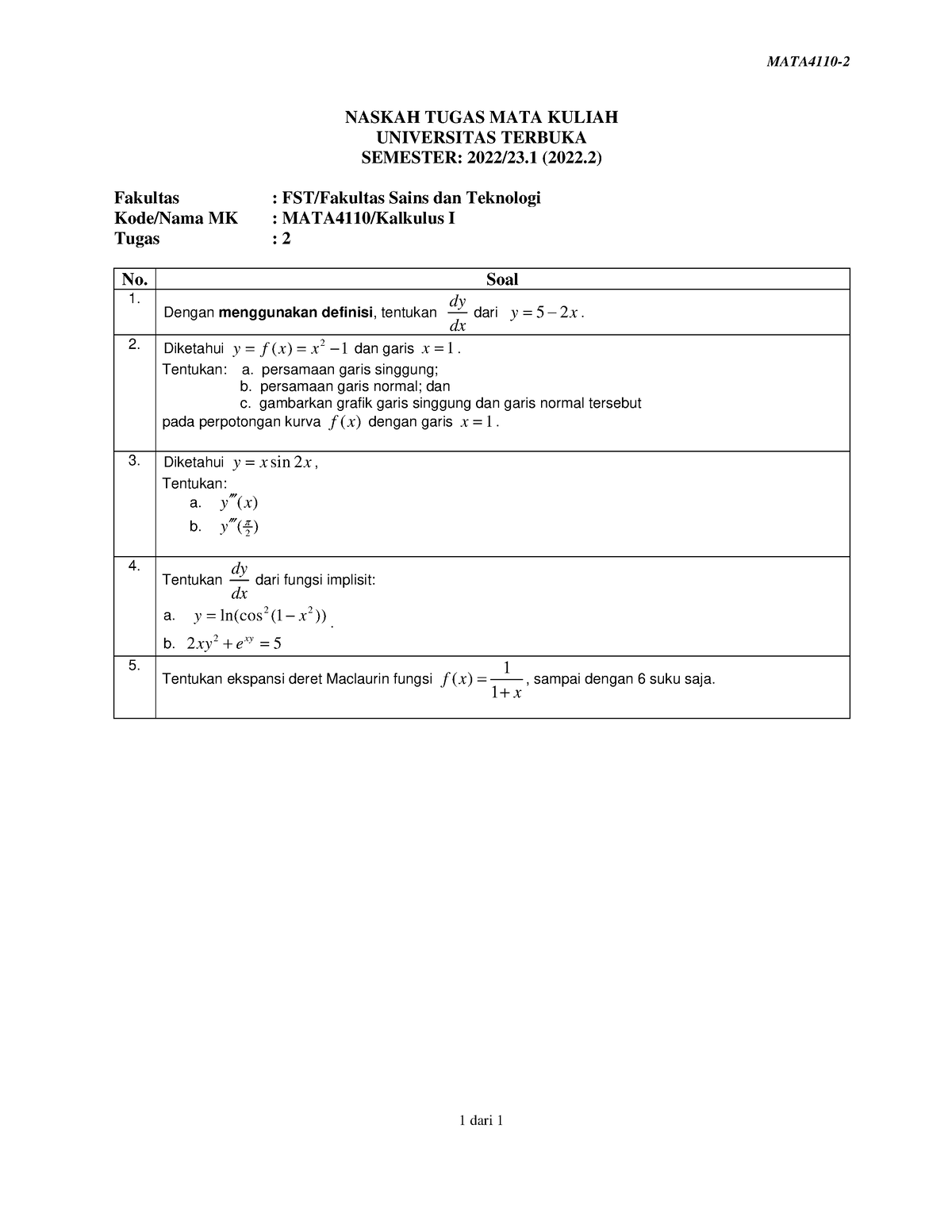 Soal Mata4110 Tmk2 2 - MATA4110- 1 Dari 1 NASKAH TUGAS MATA KULIAH ...