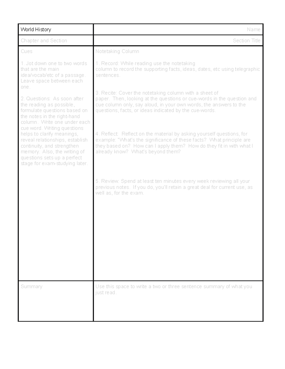 Copy of Cornell Notes Template - World History Name Chapter and Section ...