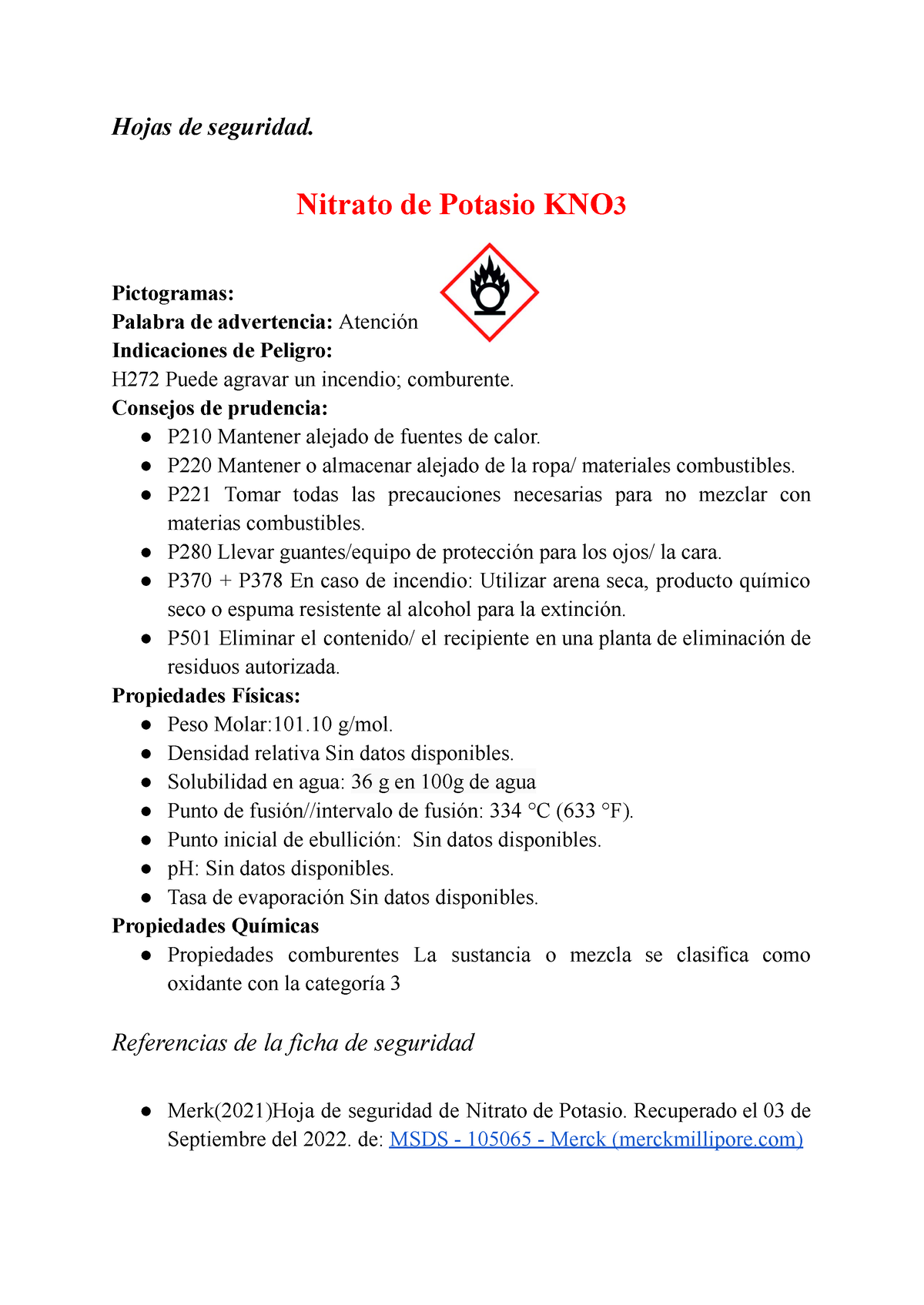 Hojas De Seguridad Nitrato De Potasio Kno 3 Pictogramas Palabra De Advertencia Atención 6337