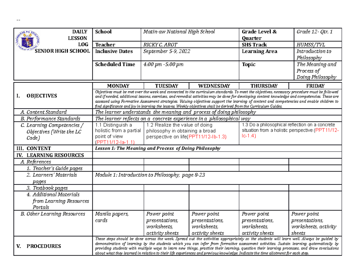 DLL week 1 philo - none - DAILY LESSON LOG SENIOR HIGH SCHOOL School ...