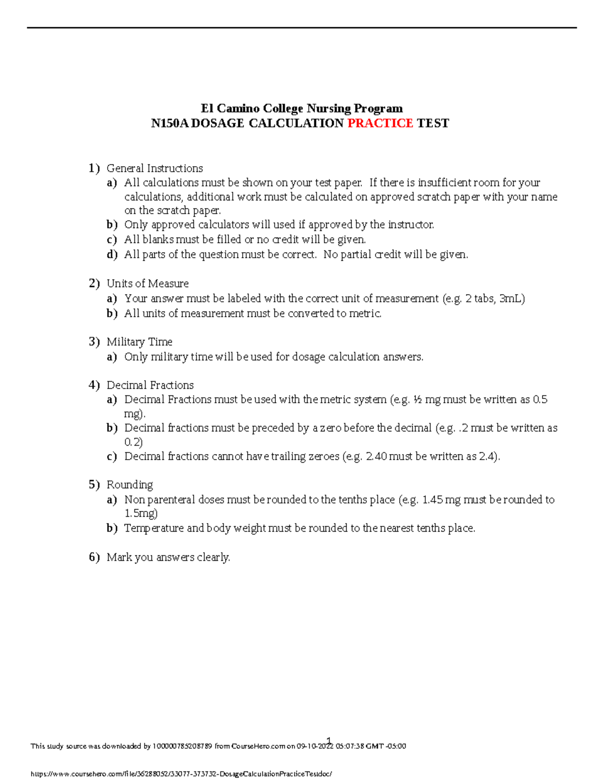 Dosagecalpractice Dosage Calculations El Camino College Nursing