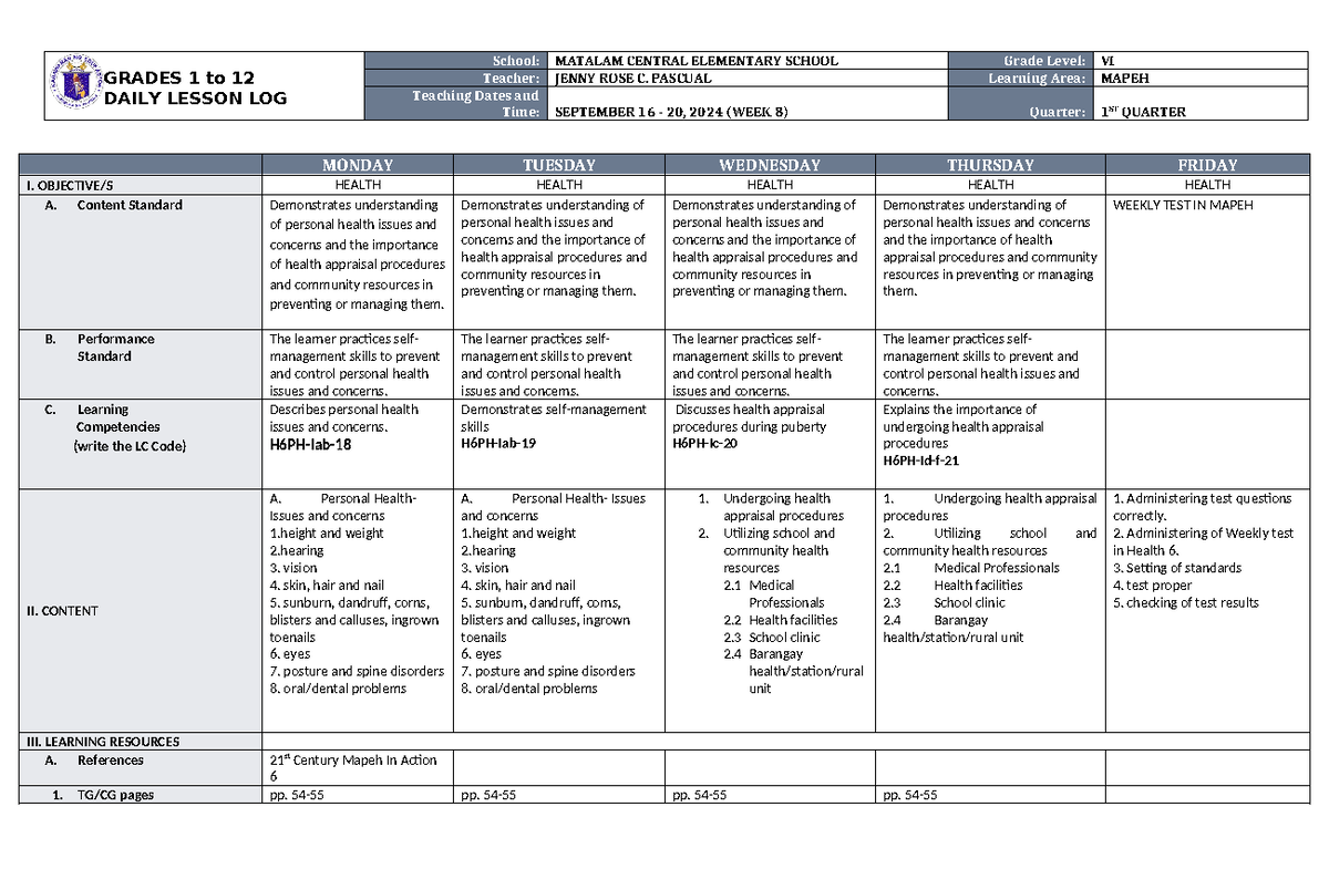 DLL Mapeh 6 Q1 W8 - daily lesson - GRADES 1 to 12 DAILY LESSON LOG ...