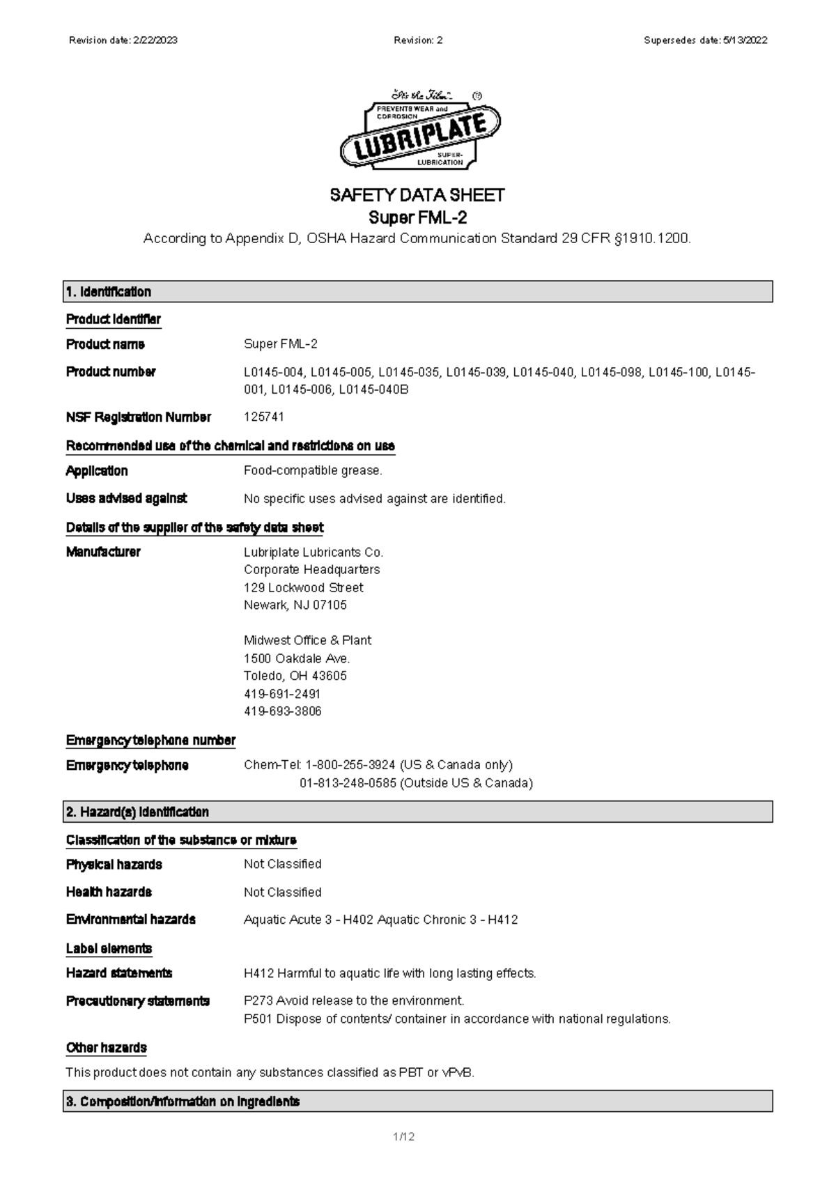 Super FML -2 - SAFETY DATA SHEET Super FML- 2 According to Appendix D ...