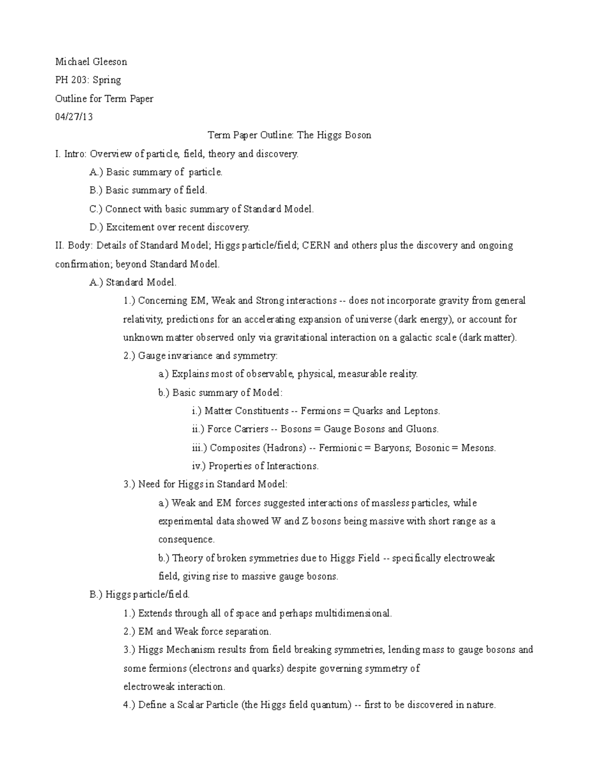 Ex. Outline Term Paper - Michael Gleeson PH 203: Spring Outline for ...