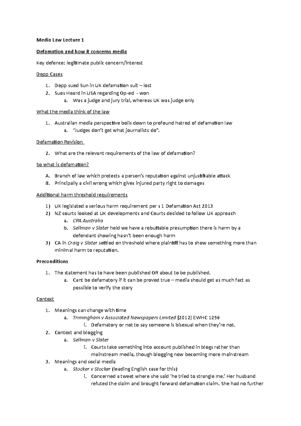 Media Law This is most of my lecture notes and was dead useful in my