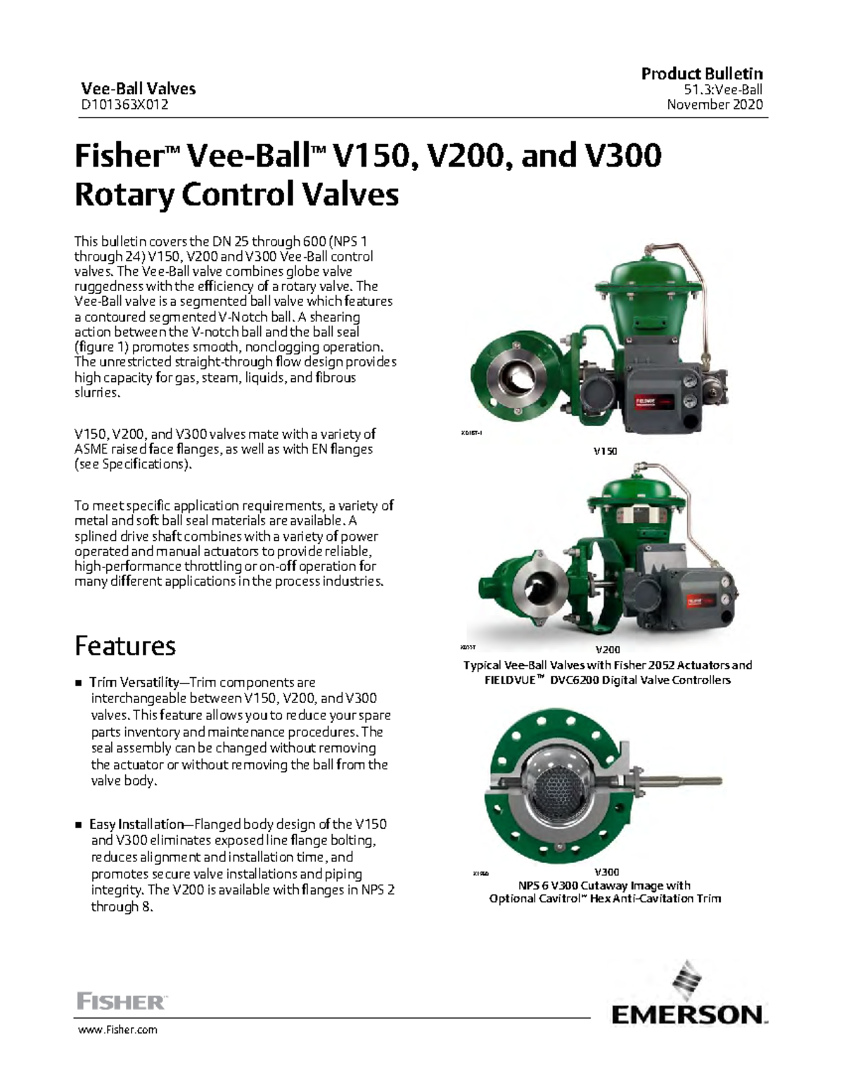 Product Bulletin Fisher Vee Ball V150 V200 V300 Rotary Control Valves ...