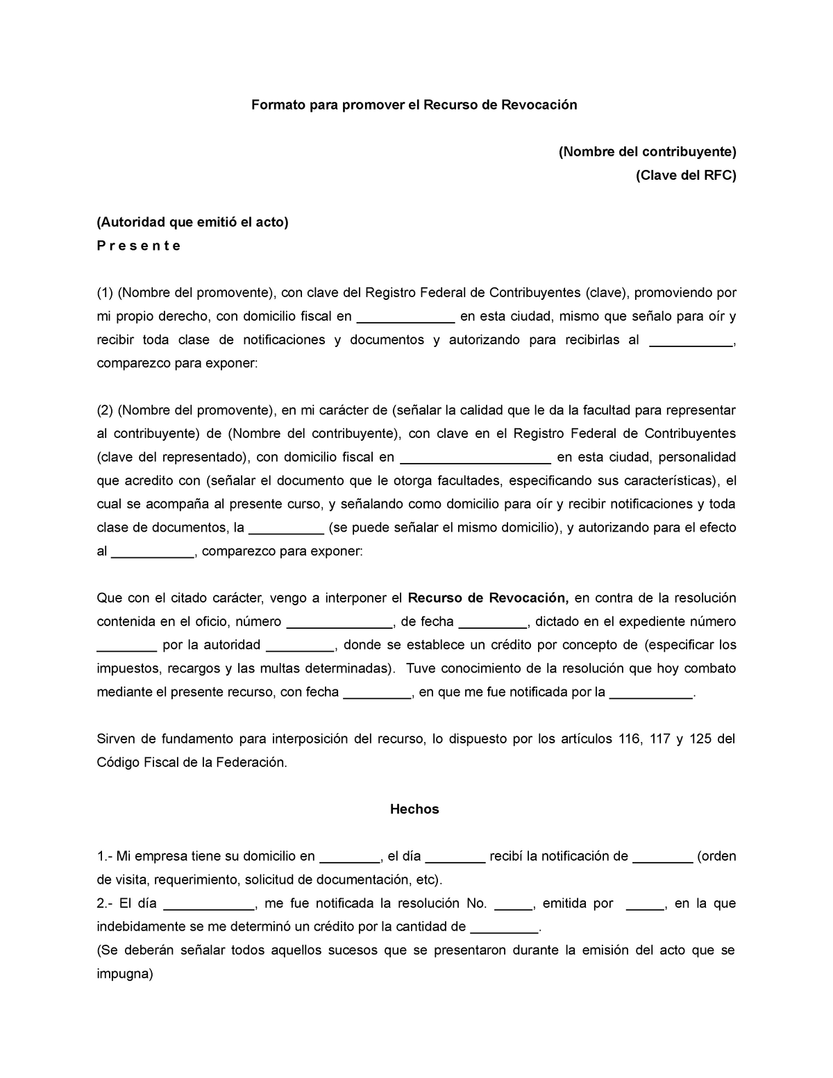 Formato del recurso de revocacion - Formato para promover el Recurso de  Revocación (Nombre del - Studocu