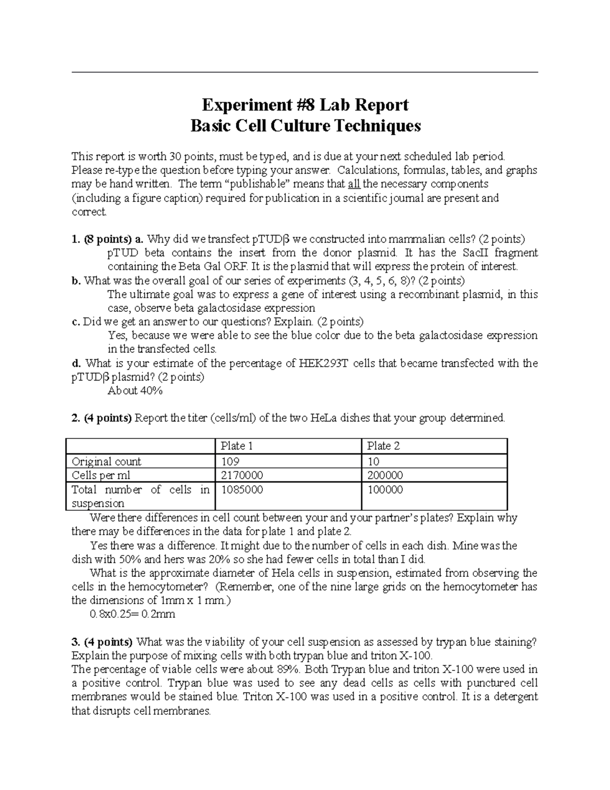 4380 Lab 8 report S17 Experiment 8 Lab Report Basic Cell Culture Techniques This report is