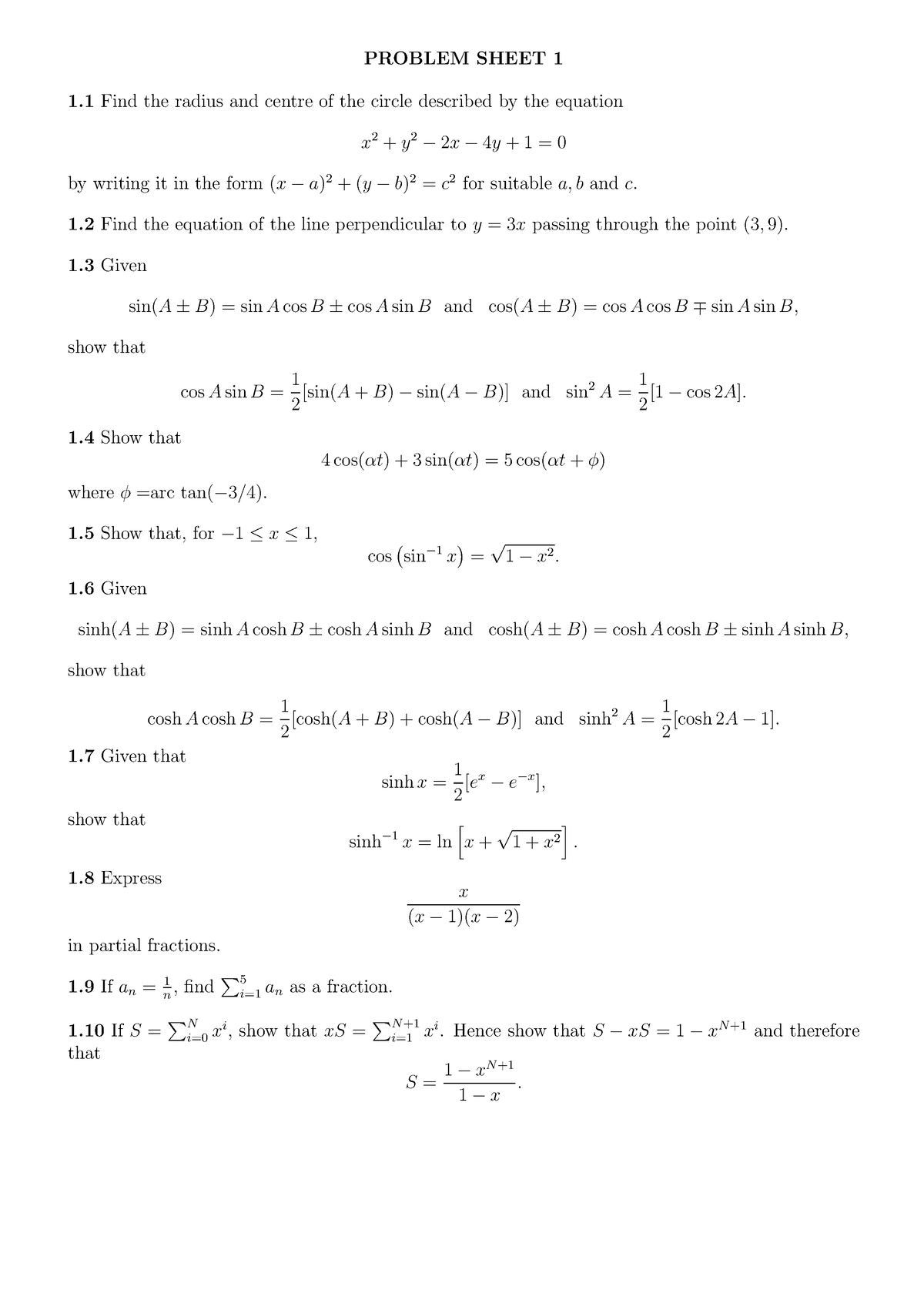 Sheet 1 0 - math notes 1 - PROBLEM SHEET 1 1 Find the radius and centre ...