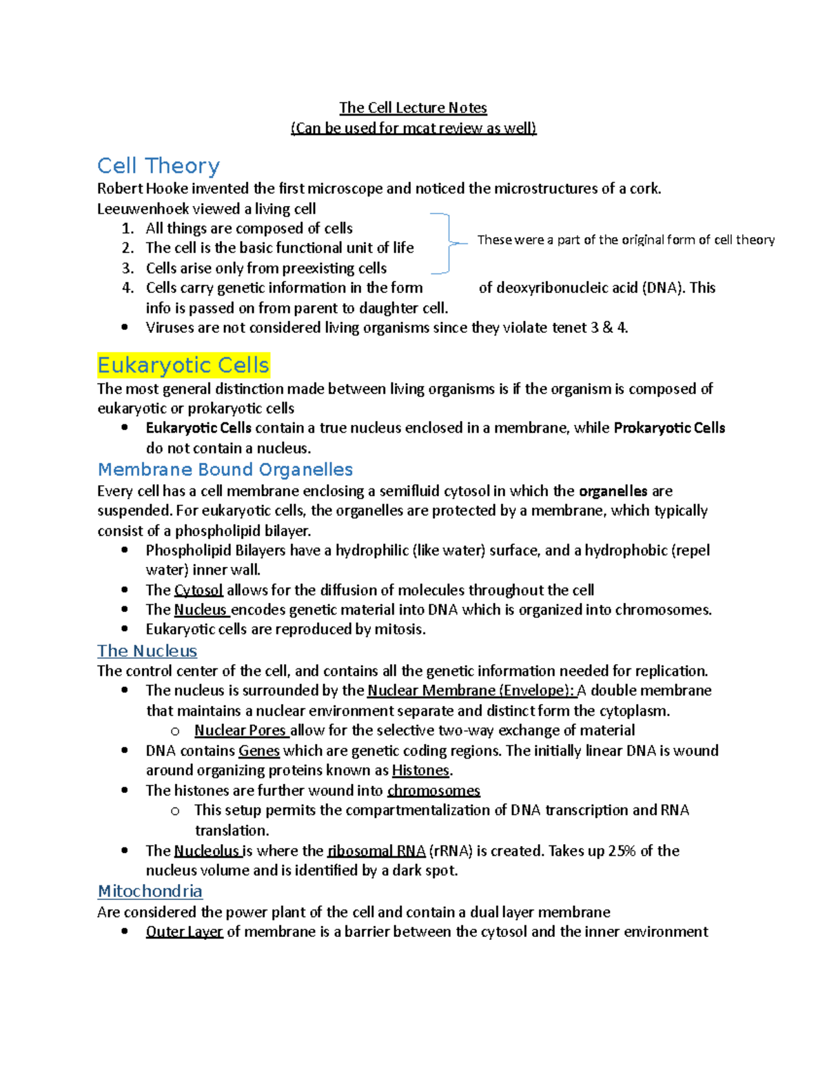 The Cell - detailed lecture notes - The Cell Lecture Notes (Can be used ...