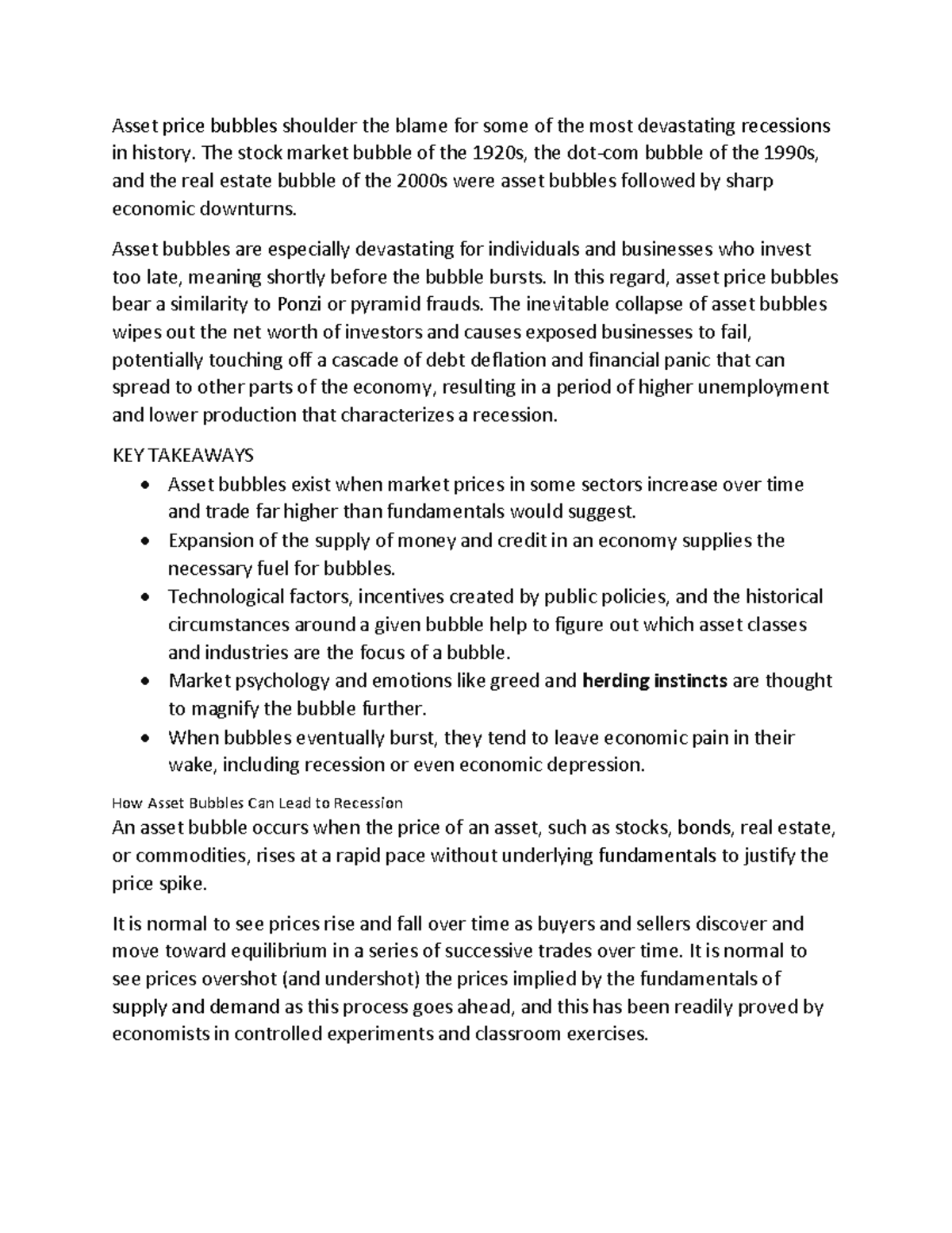 How Do Asset Bubbles Cause Resessions Asset price bubbles shoulder