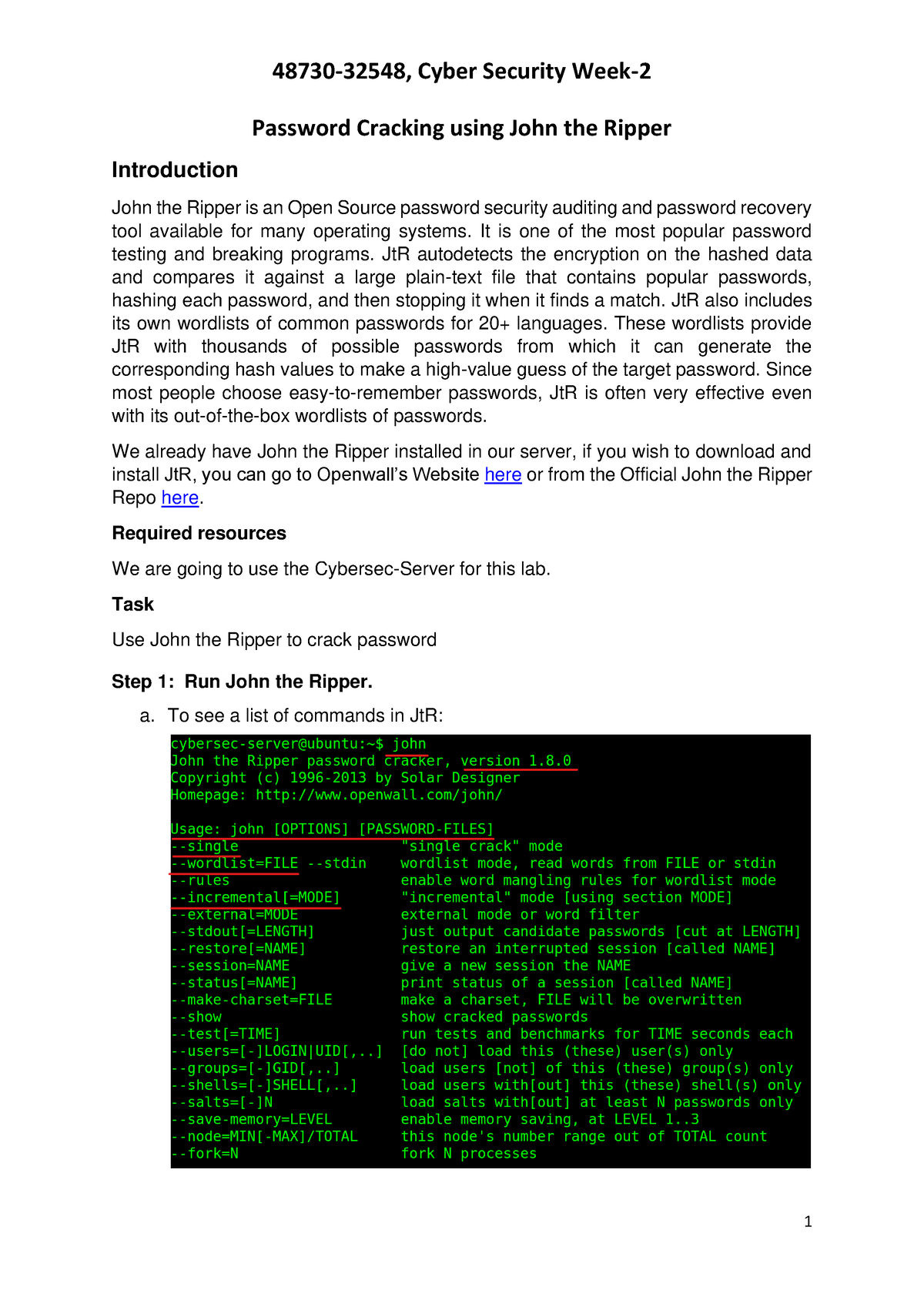 Week2 Lab B - Password Cracking Using John The Ripper-Student-1 - 48730 ...