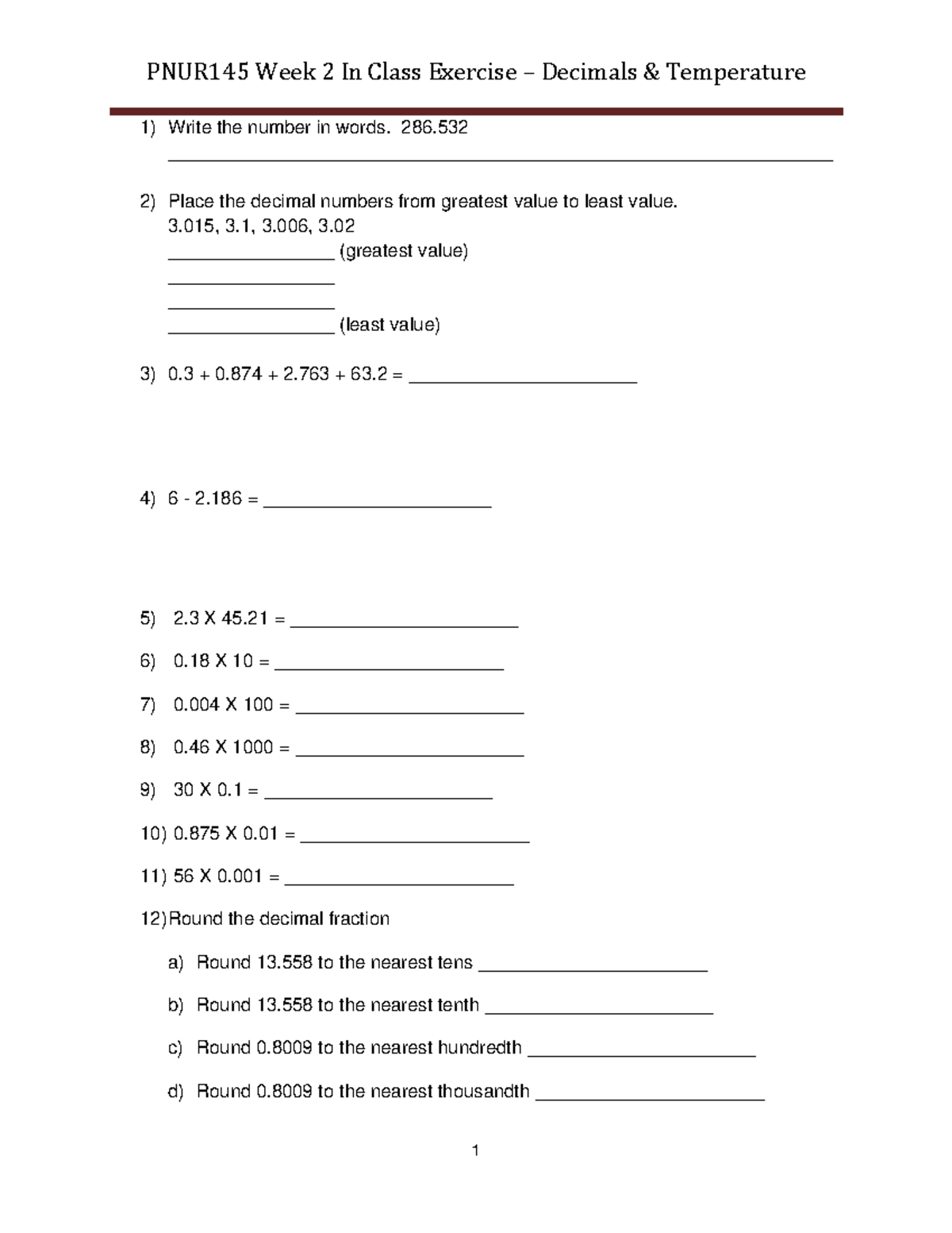 Week 2 Decimals & Temperature - 1) Write the number in words. 286 ...