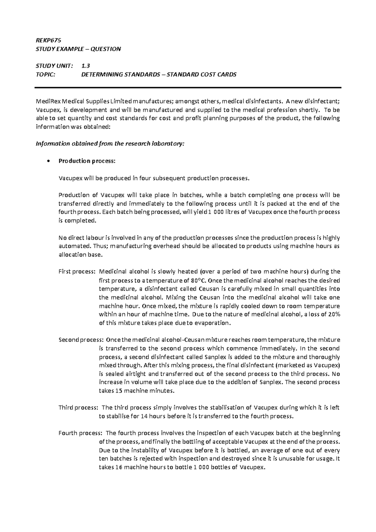 Study Example SU3 03 Standard Cost Card Question - REKP STUDY EXAMPLE ...