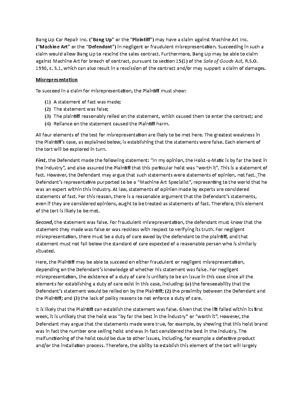 Practice Exam Draft Answer - Bang Up Car Repair Inc. (“Bang Up” or the ...