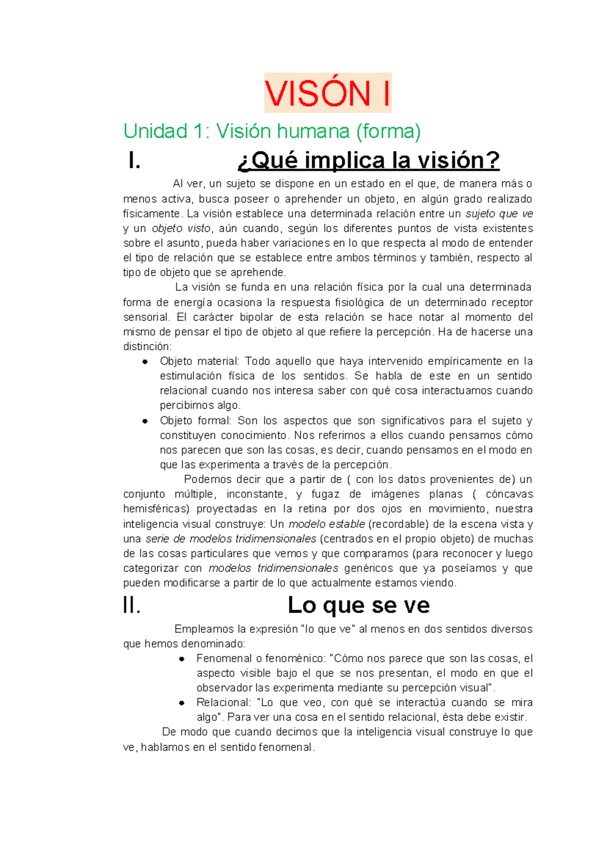 Visión 1 - guia primer pracial - VISÓN I Unidad 1: Visión humana (forma ...