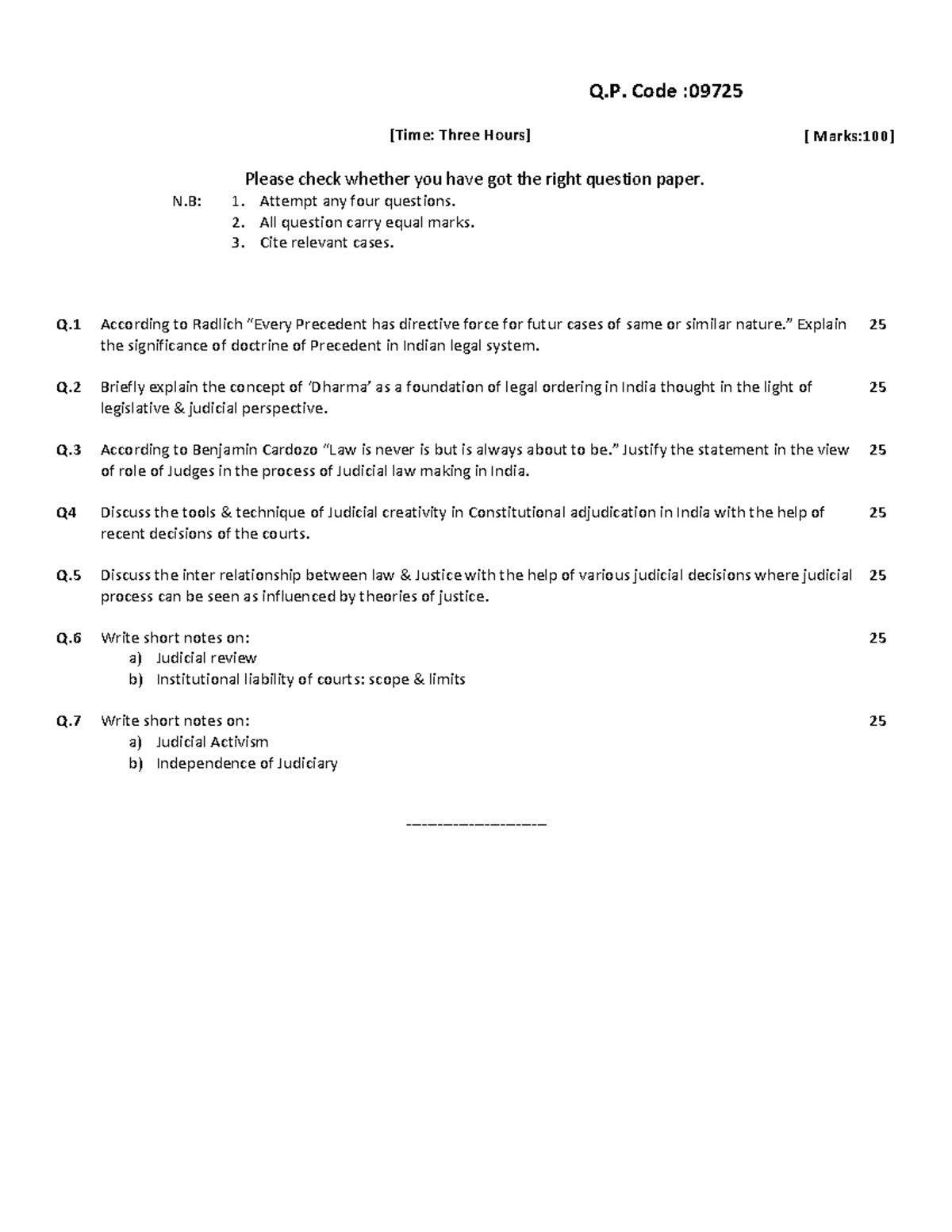 00009725 LLM paper 3 Q. Code 09725 [Time Three Hours] [ Marks