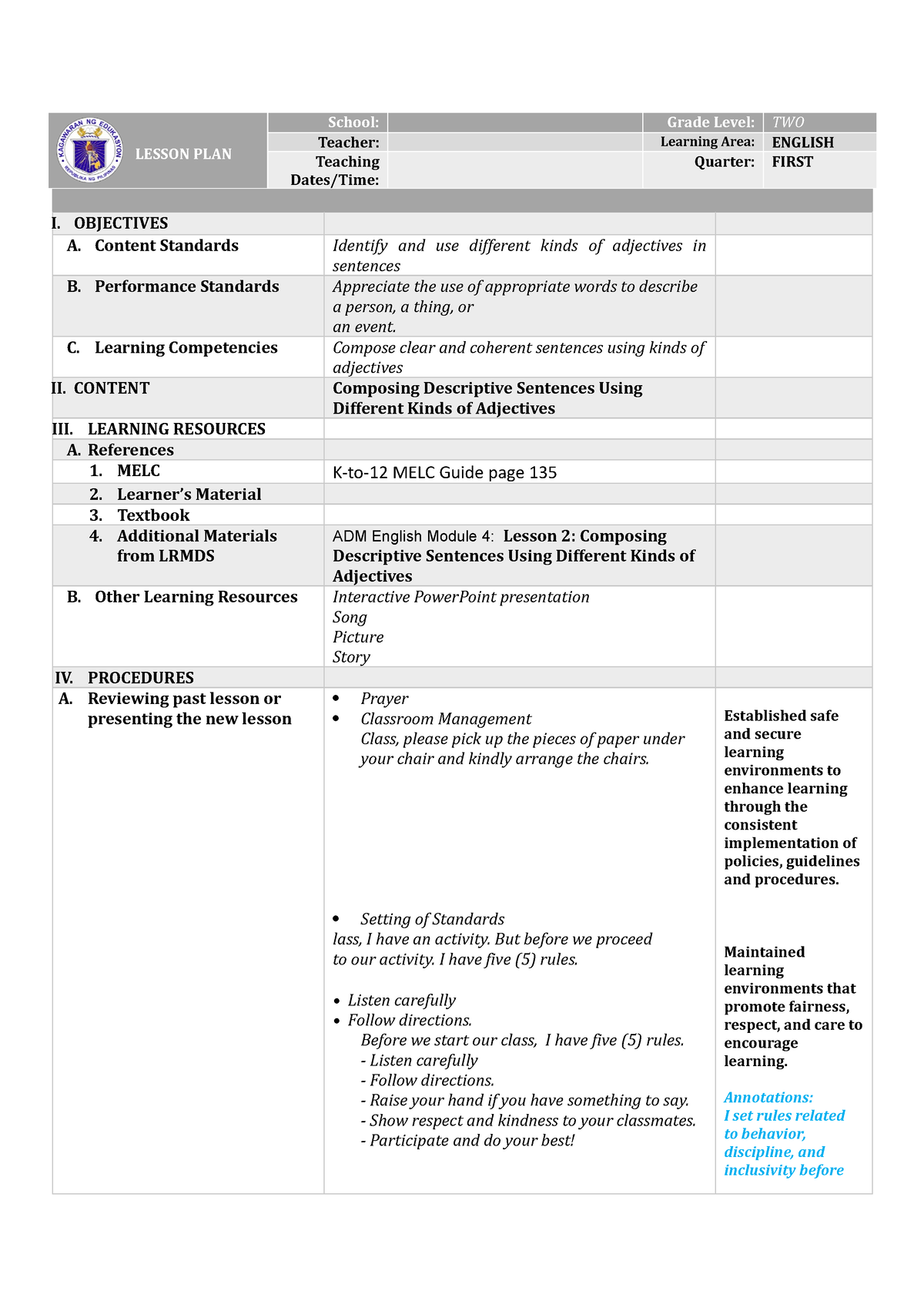 English 5 Week7-k INDS-OF- Adjectives - LESSON PLAN School: Grade Level ...