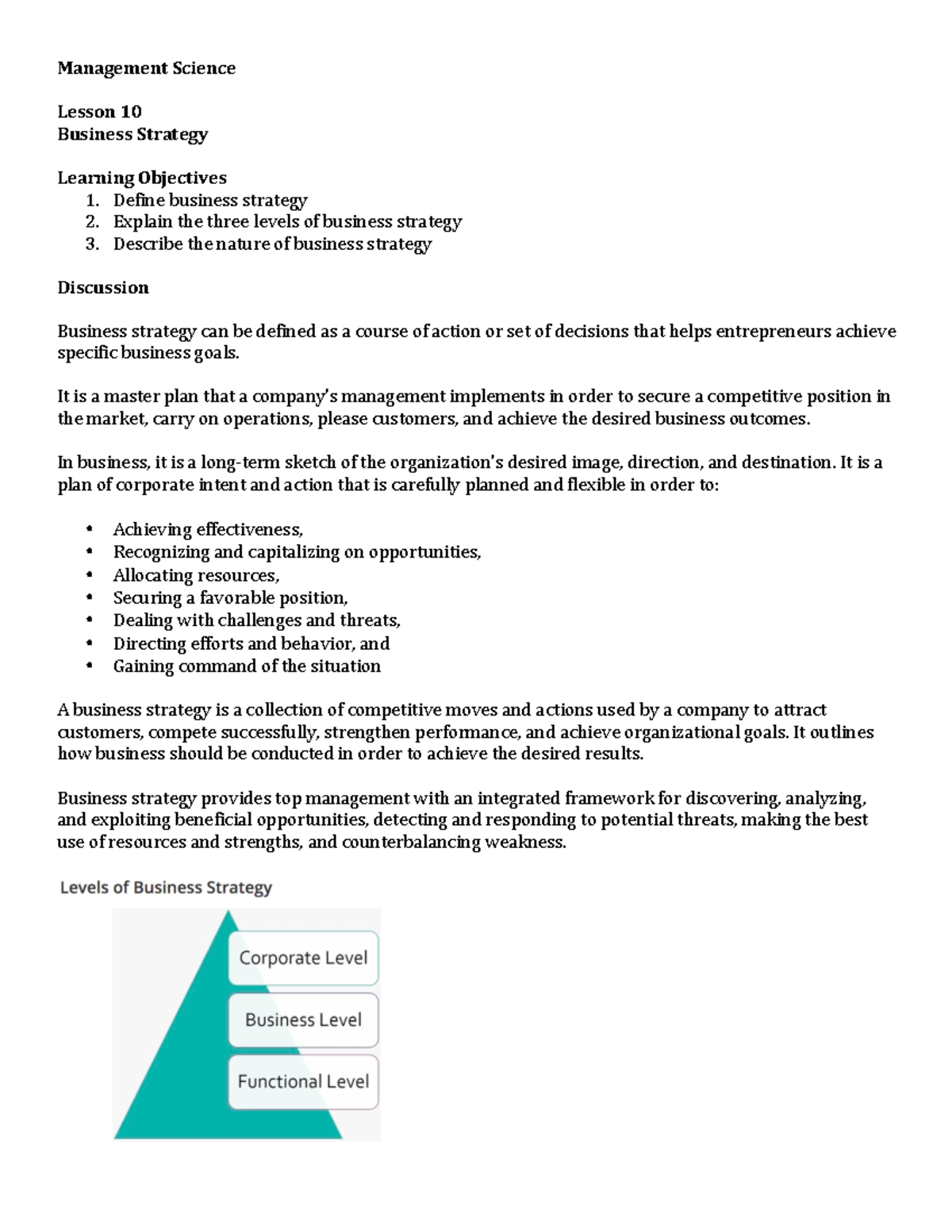 10Bus Strategy - **Management Science ** **Lesson 10 Business Strategy ...