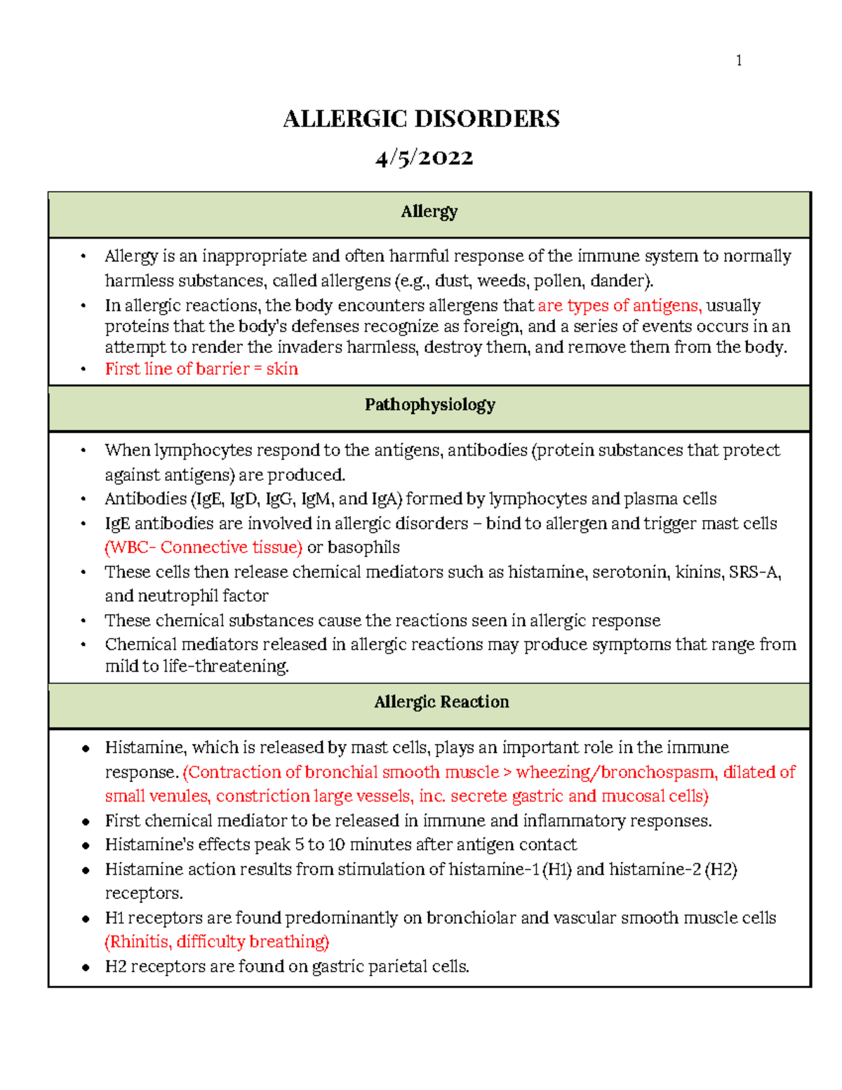 Allergic medsurg, lecture notes, study guide for quizzes and exams