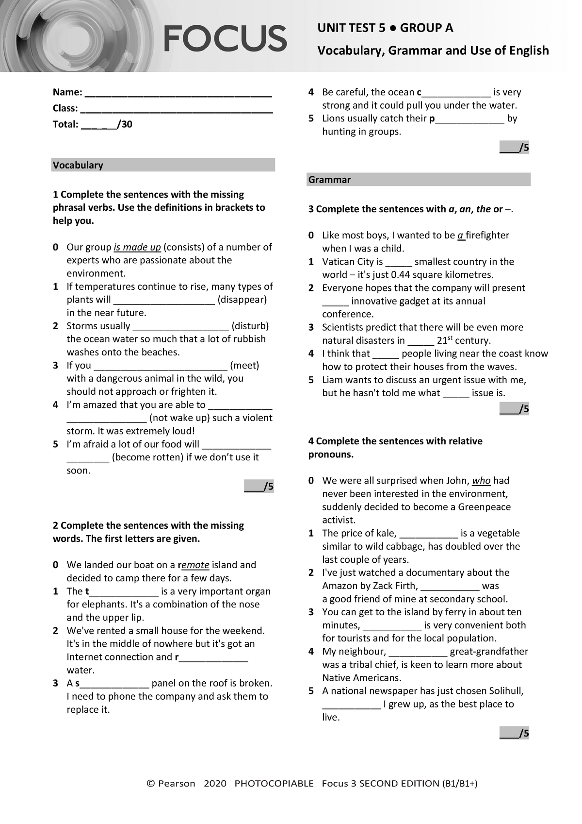 Focus 3 2E Unit Test Vocabulary Grammar Uo E Unit5 Group A - © Pearson ...