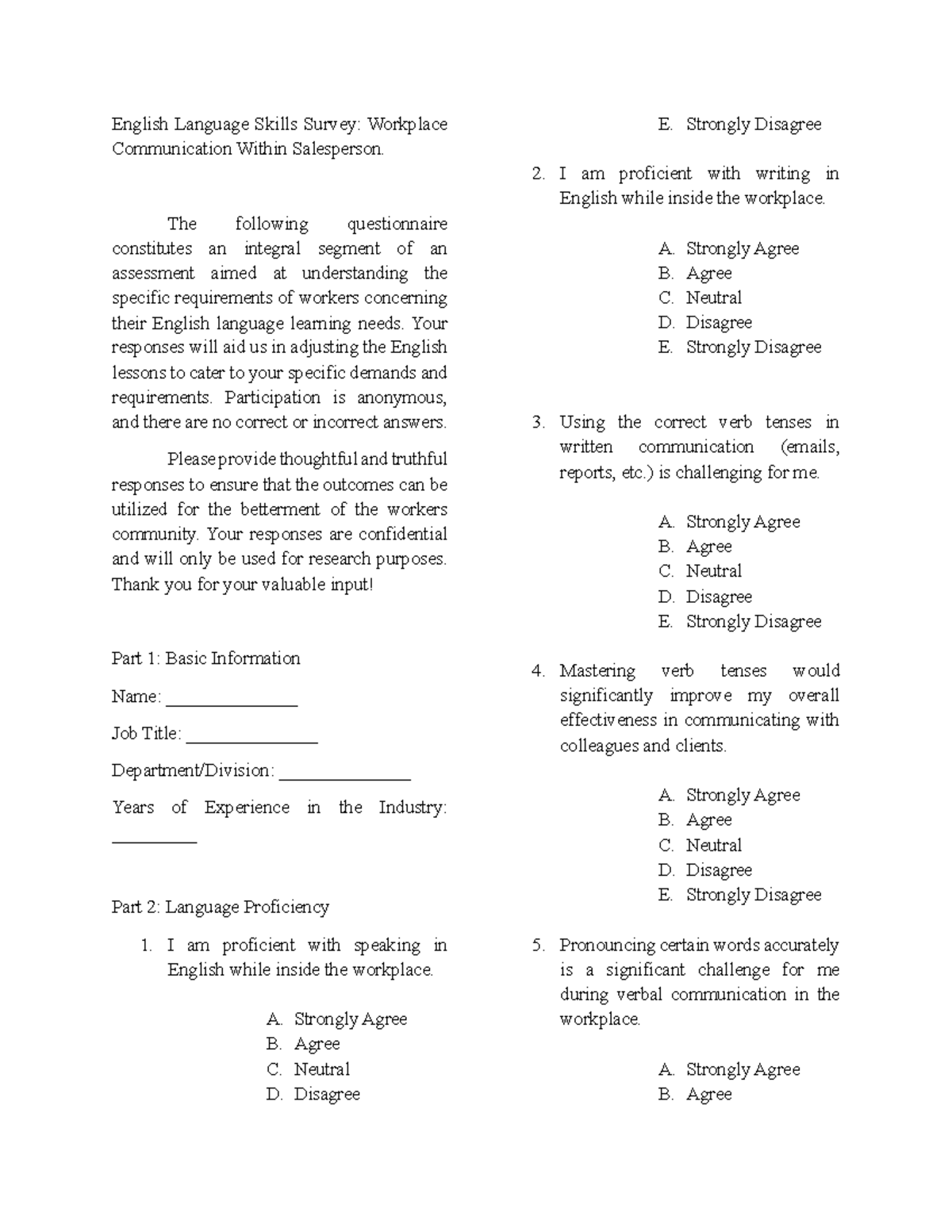 Survey for English for Specific Purposes - English Language Skills ...