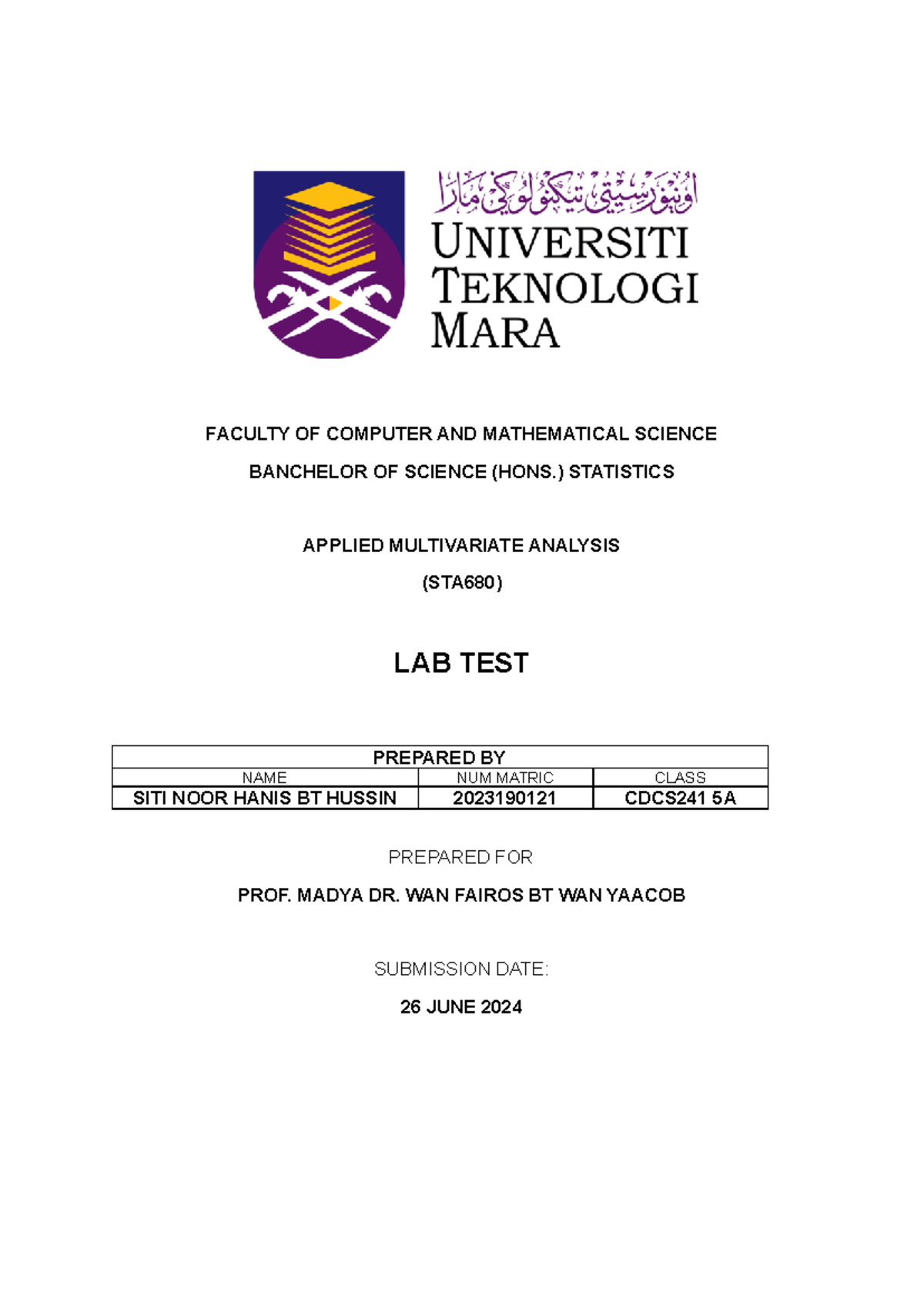 LAB SITI NOOR Hanis(2023190121) - FACULTY OF COMPUTER AND MATHEMATICAL ...