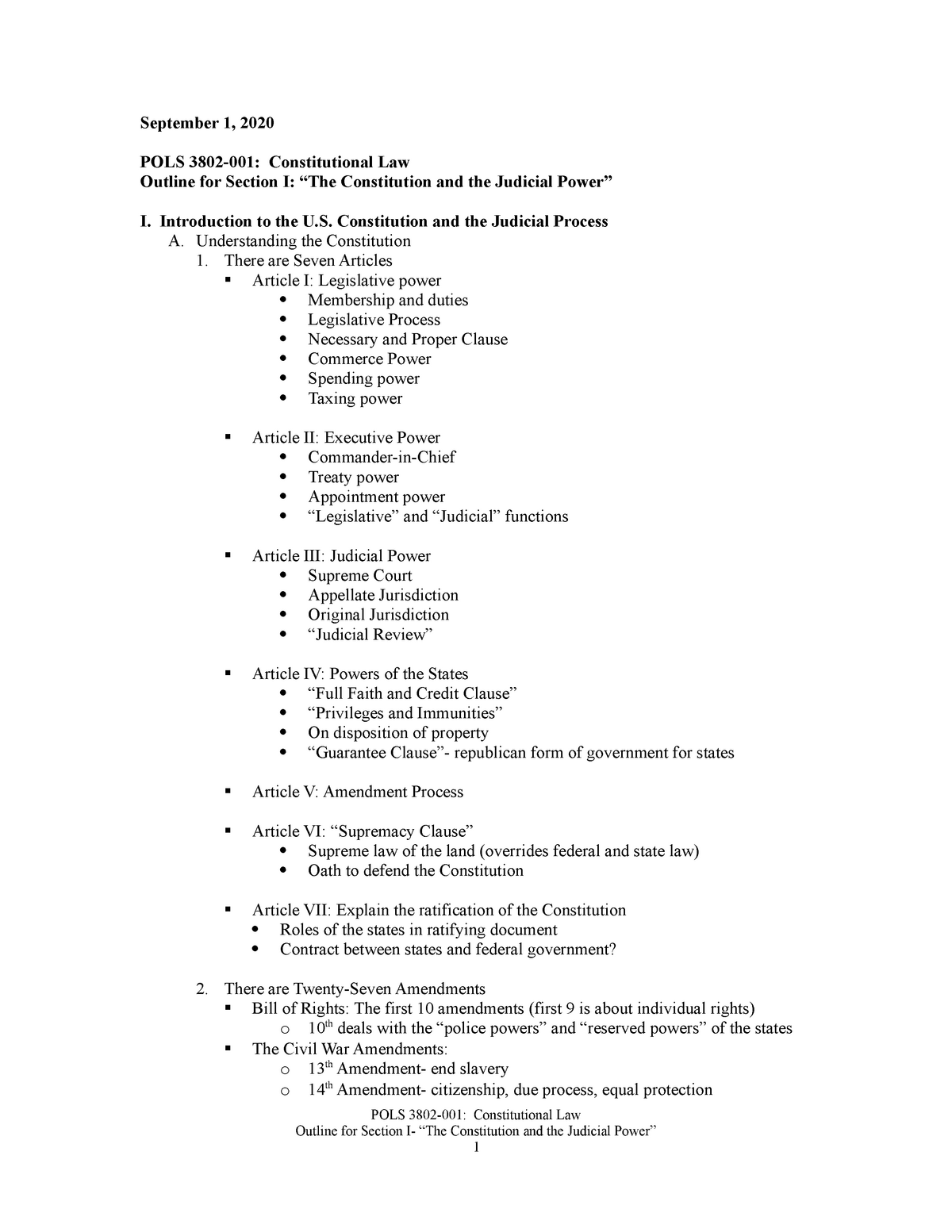 Outline #20- The Constitution and the Judicial Power - POLS 20 With Outline Of The Constitution Worksheet