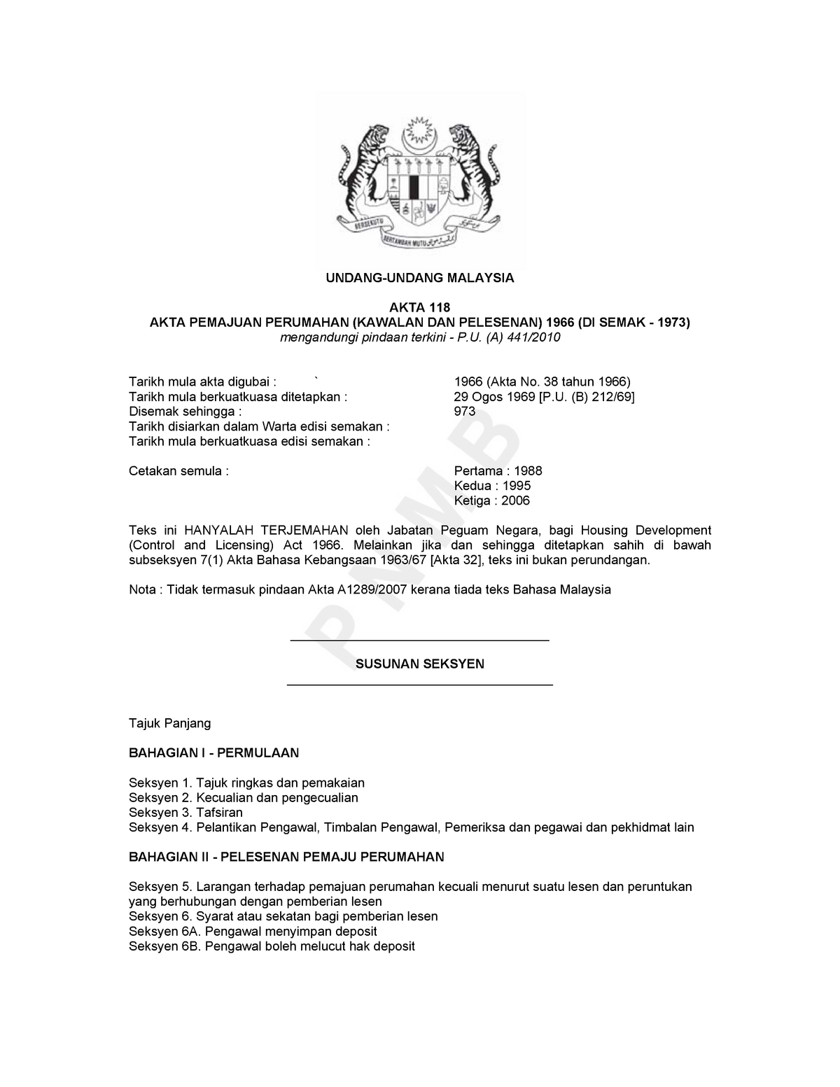 Akta118y1966bm Nthg Undang Undang Malaysia Akta 118 Akta Pemajuan Perumahan Studocu