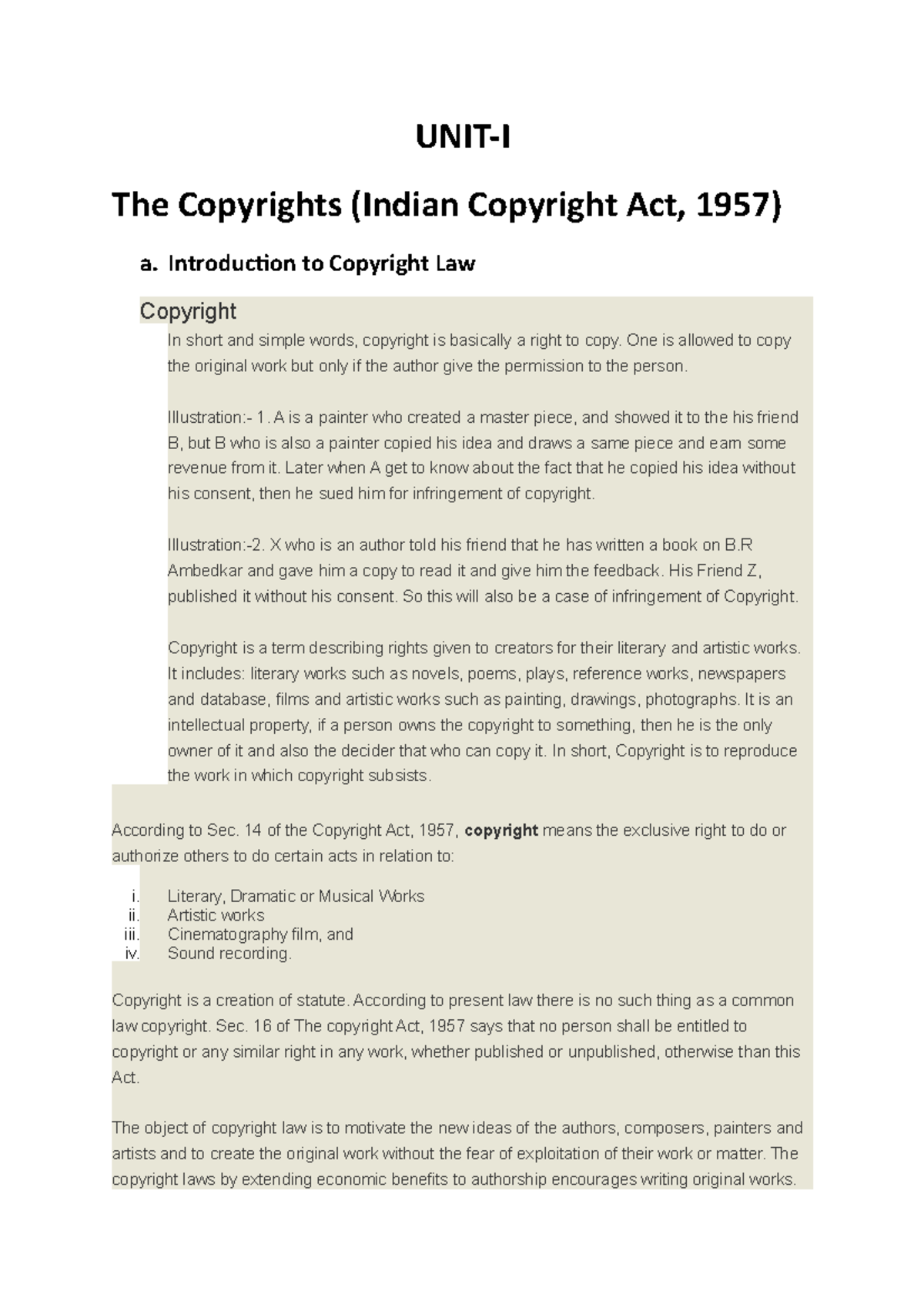 INTELLECTUAL PROPERTY LAW UNITI The Copyrights (Indian Copyright Act
