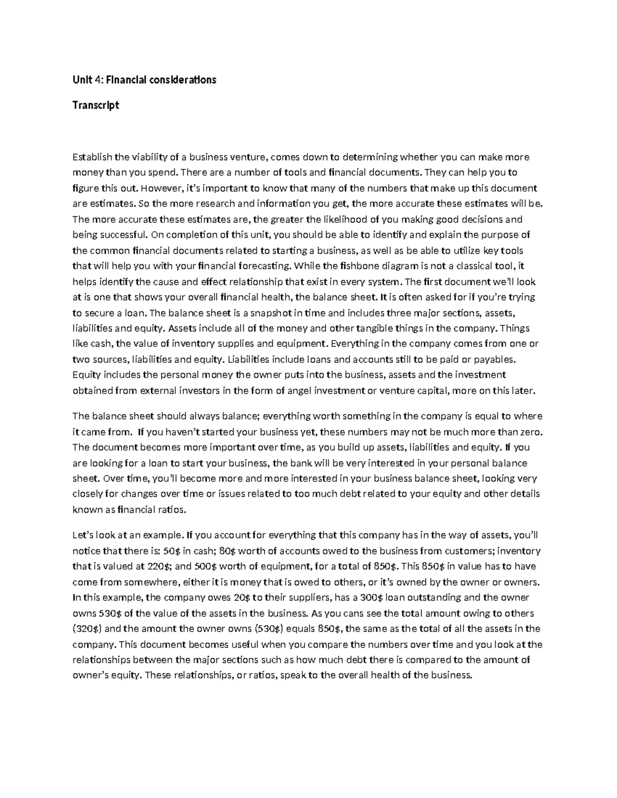 Unit 4-financial considerations transcript - Unit 4: Financial ...