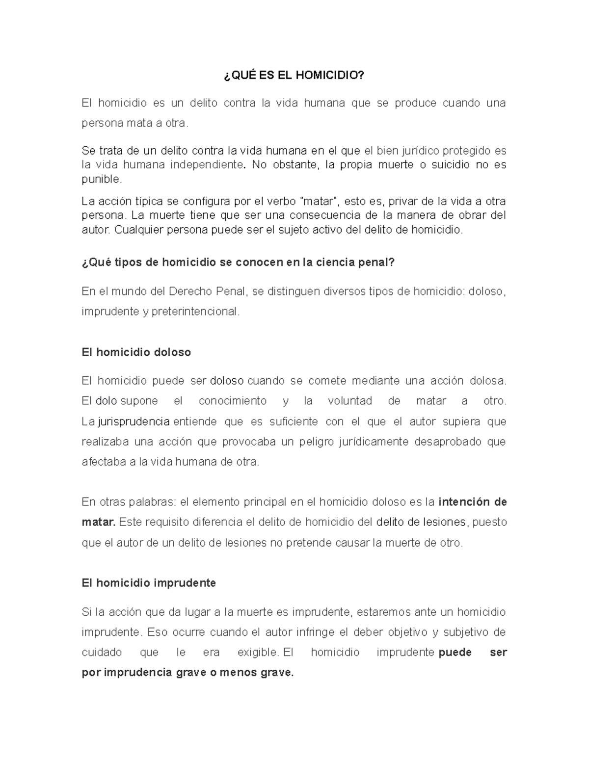 QUÉ ES EL Homicidio Concepto ¿QUÉ ES EL HOMICIDIO? El homicidio es