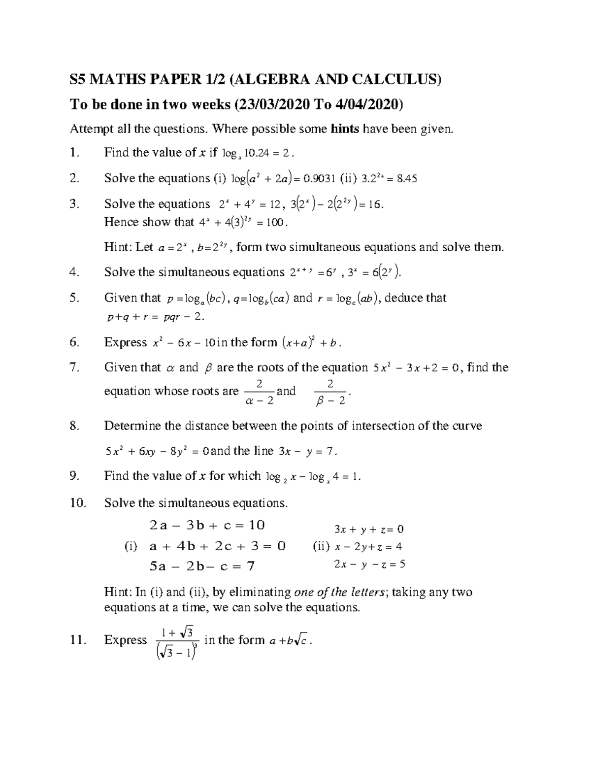 S5-Math-Algebra-and-Calculus-Notes 2 - S5 MATHS PAPER 1/2 (ALGEBRA AND ...