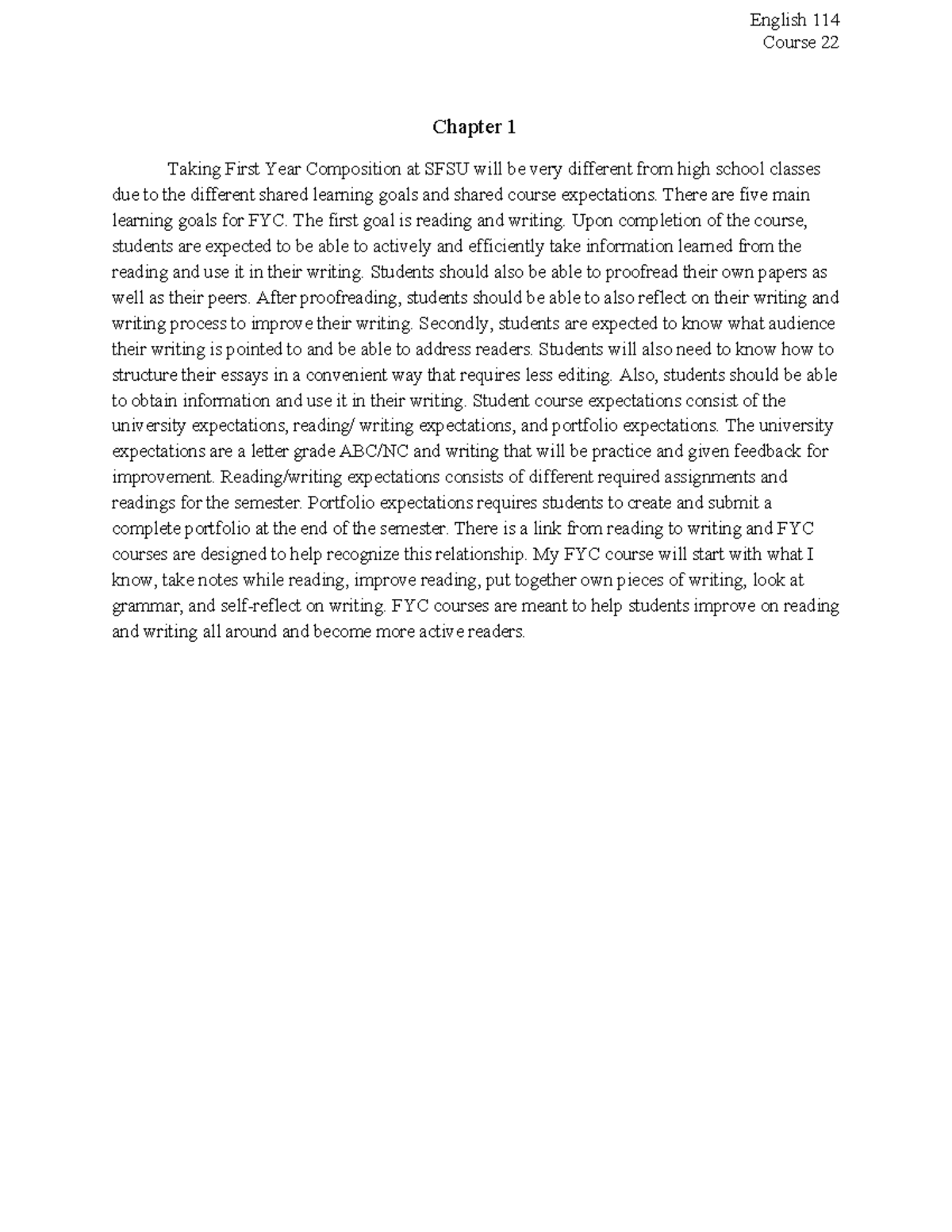 Eng 114 9.2 - A - English 1 14 Course 22 Chapter 1 Taking First Year ...