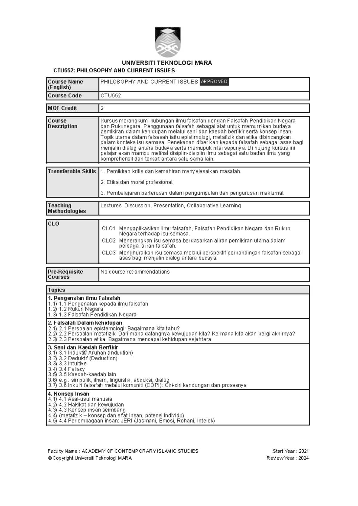Cs1, Philosophy AND Current Issues - UNIVERSITI TEKNOLOGI MARA CTU552 ...