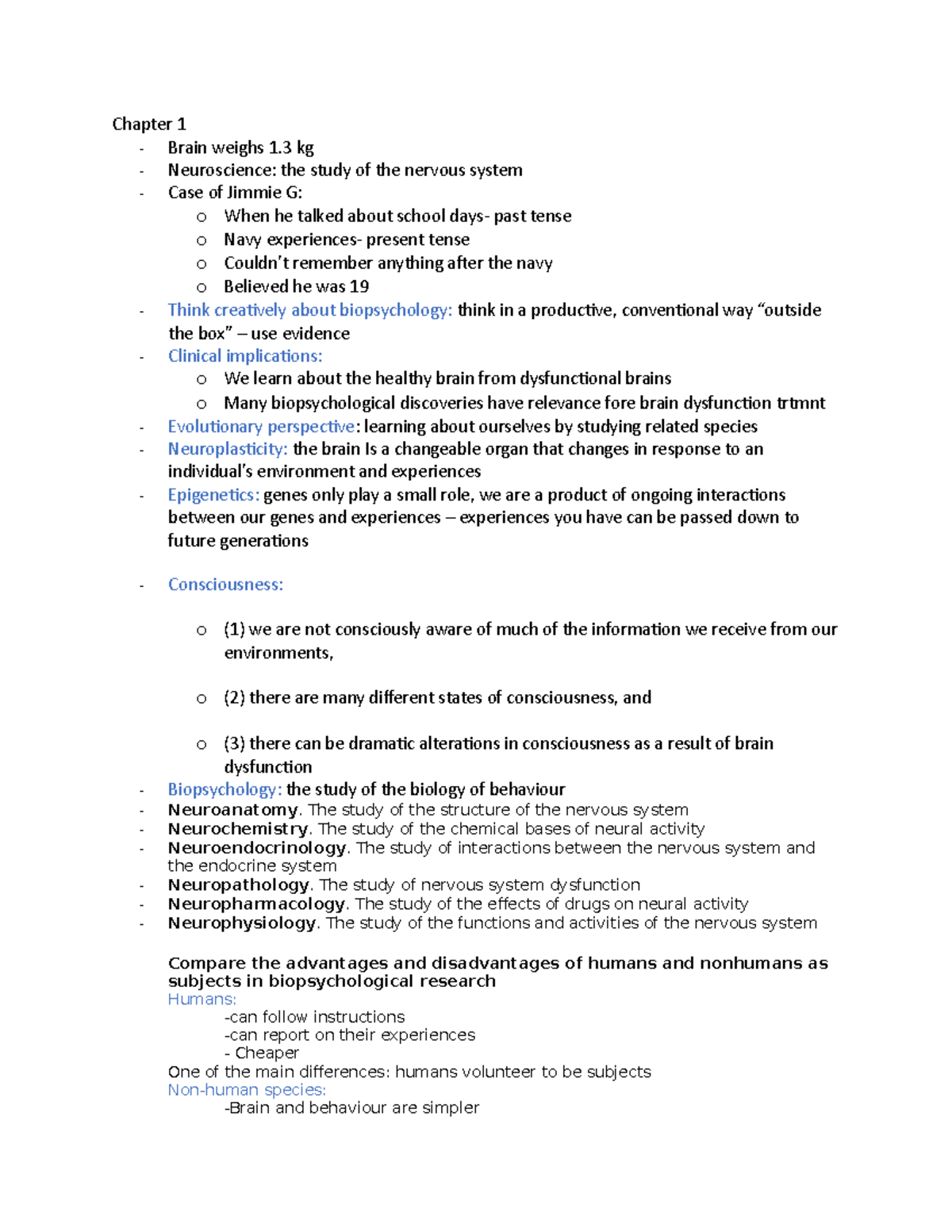 Brain and behaviour notes 1 - Chapter 1 - Brain weighs 1 kg ...