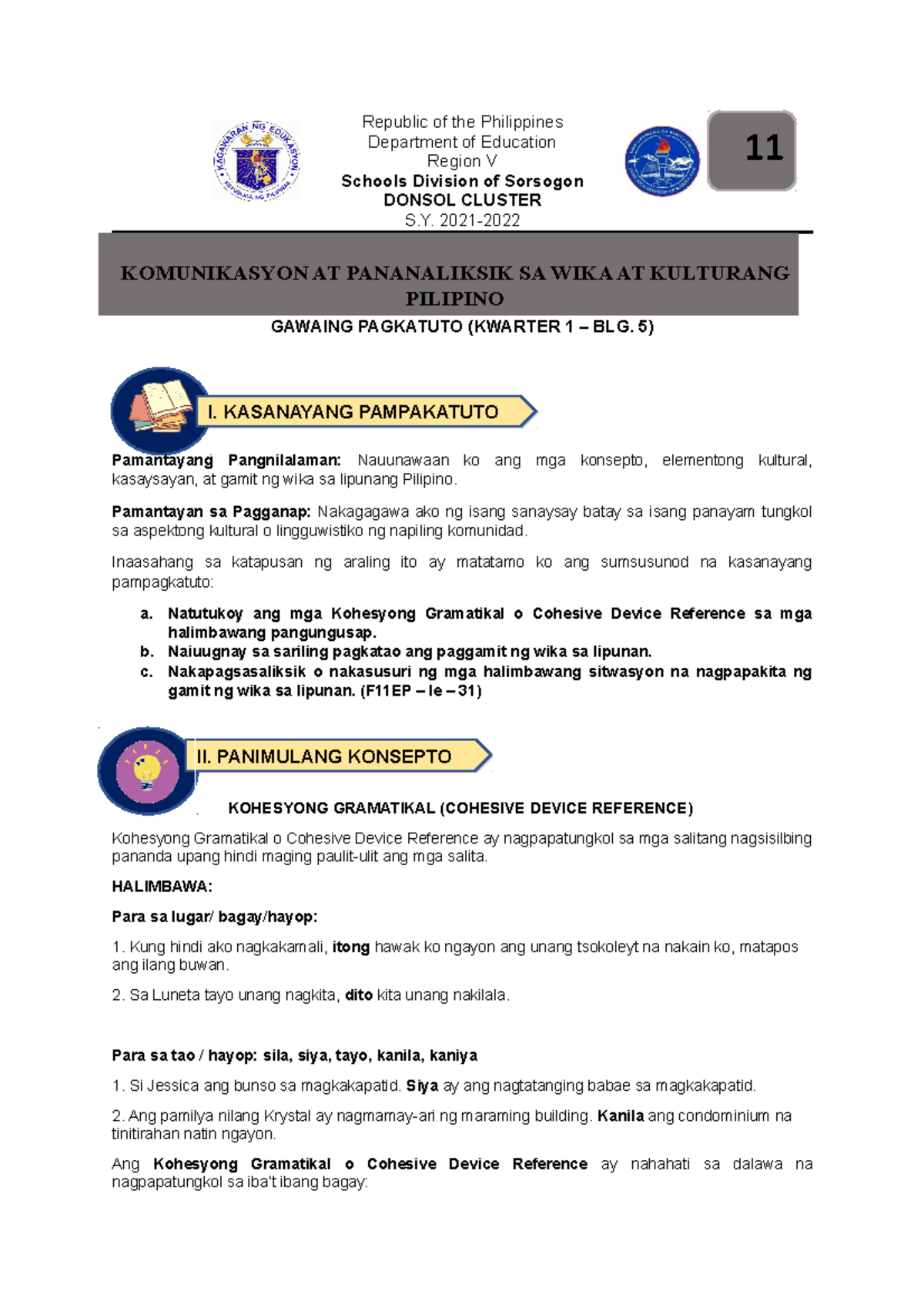 Komunikasyon Q1 WK 5 - modules - Republic of the Philippines Department ...