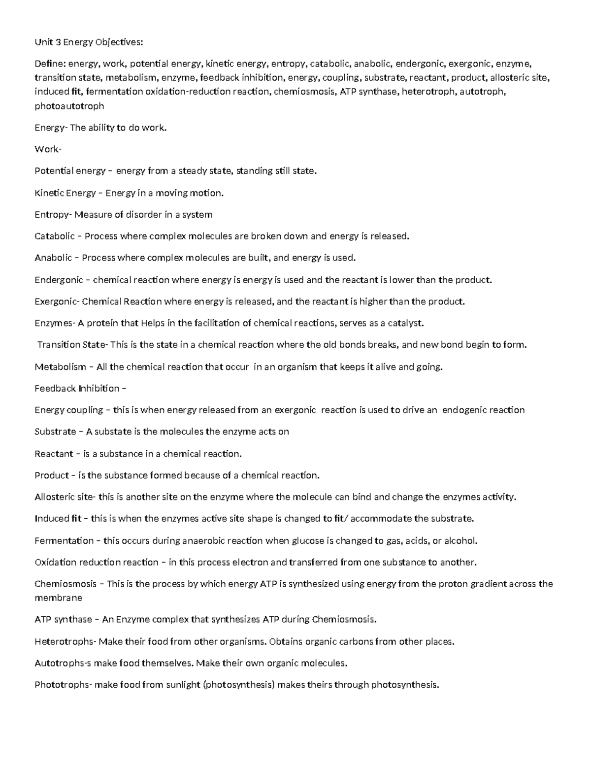 Unit 3 Energy Objectives - Unit 3 Energy Objectives: Define: energy ...