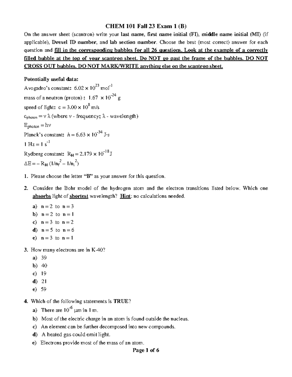 Chem 101 Exam(B) - CHEM 101 Fall 23 Exam 1 (B) On The Answer Sheet ...