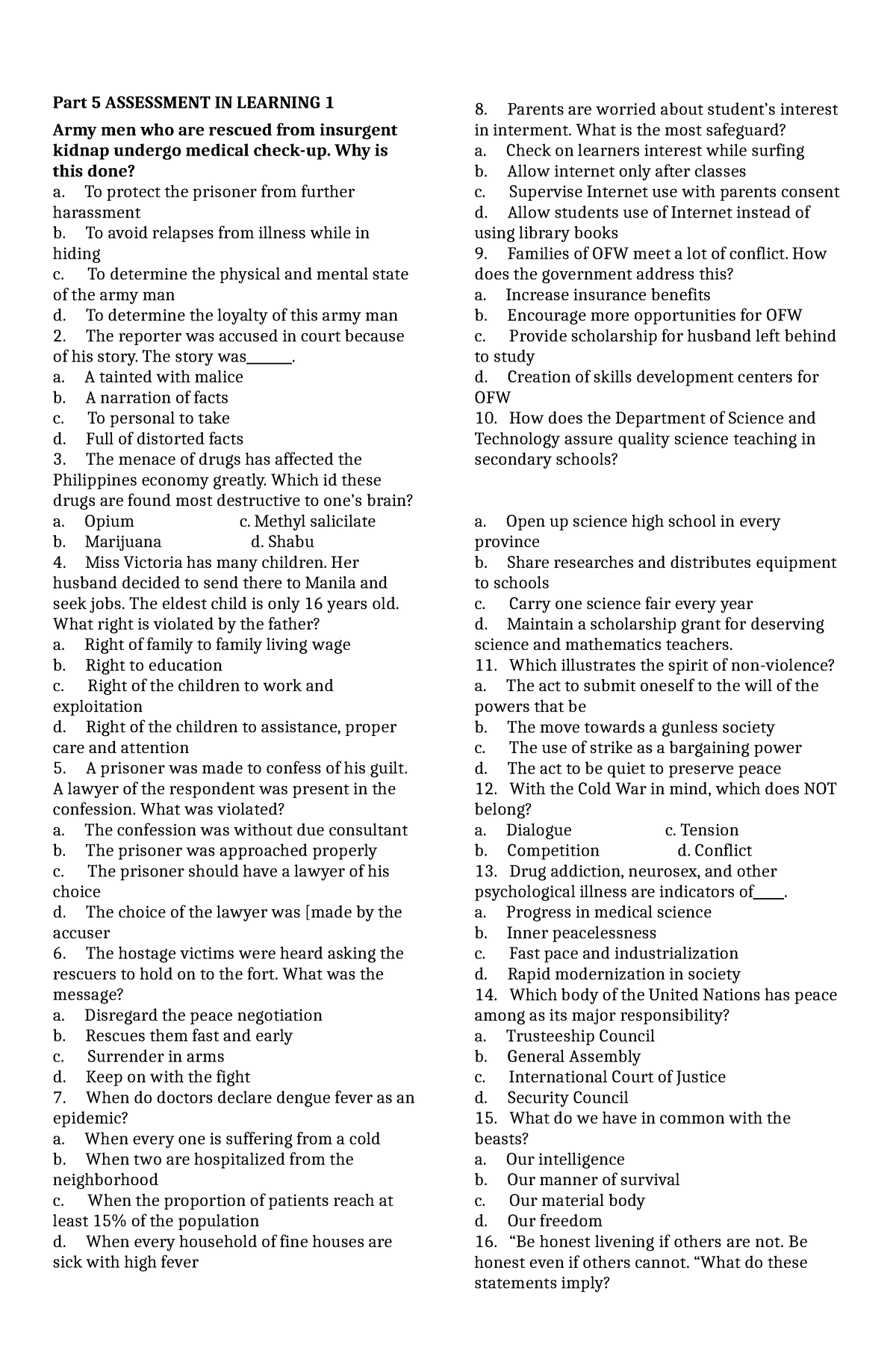 Assessment IN Learning 1-PART 5 - Part 5 ASSESSMENT IN LEARNING 1 Army ...